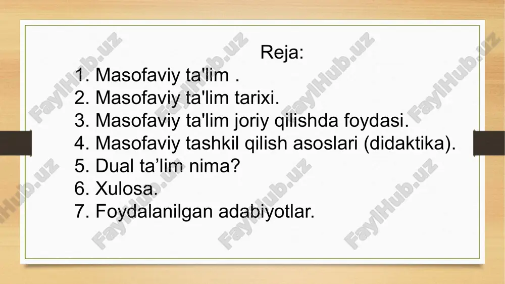 ar uchun "ticknor" jamiyatining kashshofi bo'lib, talabalar masofadan turib pochta orqali bilim olishgan deb ishoniladi. bir yil o'tgach, 1874 yilda isaak pitman o'z o'quv dasturini pochta orqali yaratishni taklif qildi. 1892 yilda chikago universiteti birinchi masofaviy ta'lim dasturini yaratdi va bu aqshdagi birinchi masofaviy ta'lim muassasasiga aylandi. 1899 yildan kanadada qirolicha universiteti talabalarga masofadan o'qitishni boshladi. 60-yillarda masofaviy ta'lim xalqaro miqyosda tan olingan va unesco ko'magida faol rivojlana boshladi. 1963 yilda angliya bosh vaziri g.uilson masofaviy ta'limdan foydalangan holda barcha ta'lim muassasalarini birlashtirishi kerak bo'lgan "efir universiteti" yaratilishini e'lon qildi va shu asosda 1969 yilda angliyada birinchi ochiq universitet tashkil etildi. masofaviy ta'lim tarixi masofaviy ta‘lim joriy qilishda foydasi masofali ta'lim rivojlanishi orqali bir qancha iqtisodiy ijtimoiy masalalar yechiladi: • halqning ta'lim olish darajasi oshdi (9%dan 15%ga); • oliy ta'limga olish imkoniyati o’sdi; • oliy ma'lumotga ega bo'lish ehtiyoji oshdi; • yo'nalishlar bo'yicha uzluksiz malaka oshirishni tashkil qilish ortdi. korrespondentlik …