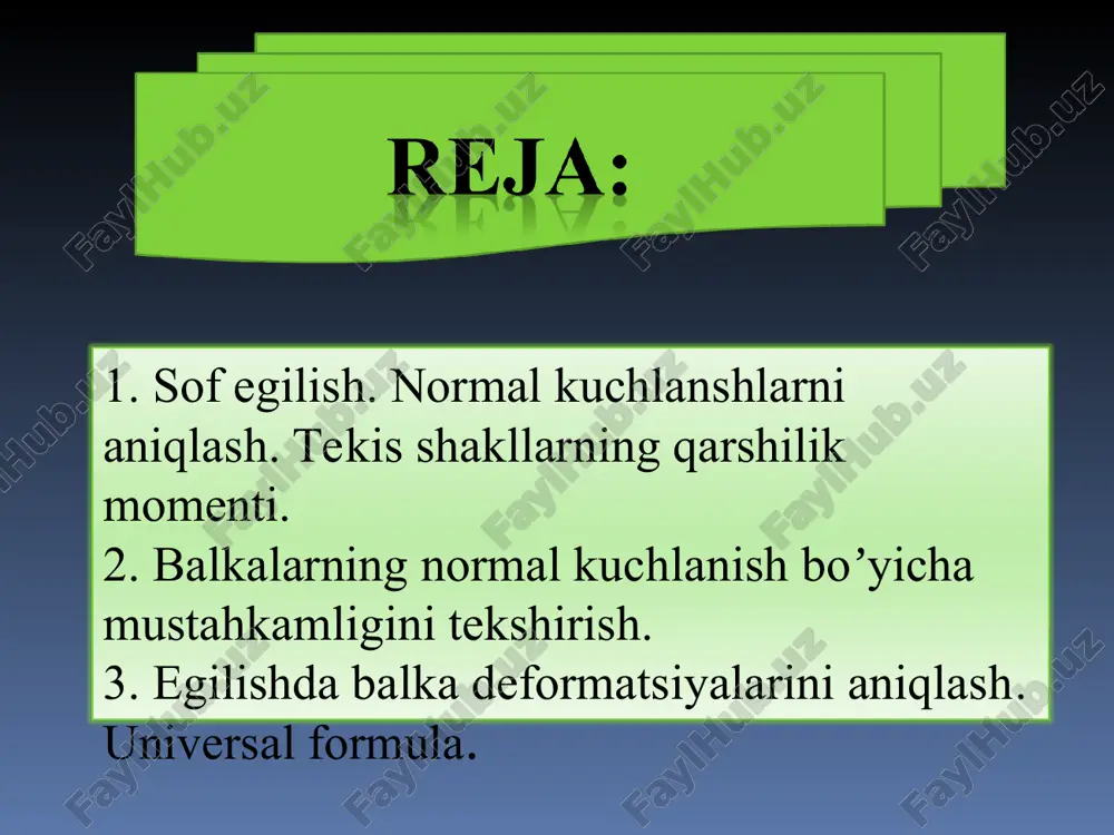 rasm normal kuchlanishlar kesim balandligi bo'yicha chiziqli qonun bilan o'zgarib boradi;netral o'qda nolga teng bo'lib, neytral o'qdan eng uzoq nuqtalarda eng katta qiymatga erishadi. wz – balka ko'ndalang kesimining neytral o'qqa nisbatan qarshilik momenti. balkani normal kuchlanishlar bo'yicha mustahkamlik sharti. balkakesimidaginormalkuchlanishlareguvchimomentgabevositabog‘liqbo‘lganiuchun, balkaningxavflikesimidaginormalkuchlanish gatengbo‘ladi. balkamustahkambo‘lishiuchun shartbajarilishikerak. buerda - balkamaterialiuchunruxsatetilgankuchlanish. bumunosabatnibalkaningnormalkuchlanishlarbo‘yichamustahkamlikshartidebataladi. mazkurformulaasosidaqo‘yidagiamaliymasalalarechiladi: kesim tanlash.bundabalkagaqo‘yilgantashqikuch, balkaningtayanchlarioralig‘i, balkakesiminingshakli, balkaningmaterialima’lumbo‘ladi. (8) formuladanko‘ndalangkesimningqarshilikmomentianiqlanadi. so‘ngkesimyuzasif, yokiprokatprofillarning (qo‘shtavr, shveller) nomerianiqlanadi. 2 balkaninigyukkutarishqobilyatinianiqlash.bumasaladabalkagaqo‘yiladigantashqikuchdantashqariboshqamiqdorlarberilganbo‘ladi (8) dan buformuladanbalkagaqo‘yilishimumkinbo‘lgantashqikuchningmiqdoriryokiqaniqlanadi. 3.balkani joriy mustahkamligini tekshirib ko‘rish. bunda (8) formuladan qatnashadigan barcha miqdorlar ma’lum bo‘ladi. (8) shartning bajarilishi tekshirib ko‘riladi. masala1.ko‘ndalang kesimi 21a nomerli qo‘shtavr balkaning mustahkamligi tekshirib ko‘rilsin. =1600kg/sm2 (21.3rasm) a) jadvaldan: f=47,7sm2 wx=381sm3 wy=48,4 sm3 qo‘yidagi epyuradan  max =5·105k.g.s.m ko‘ndalang kesimning (a) holatiuchun 54-rasm. demak, bu holat uchun mustahkamlik sharti bajariladi. ko‘ndalang kesim(b) bo‘lsa, bu holatida balka nazorat uchun savollar 1. balka kesimining neytral o'qi qanday hususiyatga ega? 2. eng ratsional kesimlar qanday shaklga ega bo'ladi? 3. neytral o'q kesimning qanday nuqtasida …