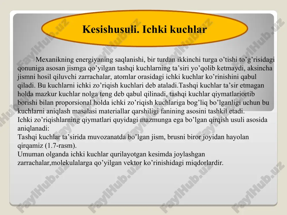 rmasiyalar bir necha oddiy deformasiyalarni birgalikda uchrashi. masalan: egilish bilan cho‘zilish egilish bilan buralish, markaziy bo‘lmagan siqilis oddiy deformasiya turlari. yuqorida brus kesimlarida umumiy holda ichki kuch teng ta’sir etuvchilari 6ta tashkil etuvchilardan (n, qy, qz, mx, my, mz,) iborat ekanligi ta’kidlab o’tilgan (1.12-rasm). ammo ko’p hollarda amalda mazkur ichki kuchlardan brus kesimlarida faqat ayrimlari holos bo’lishi ko’p uchraydi 1.agar brus faqat o’qi bo’ylab yo’nalgan ichki kuch “n” ta’sirida bo’lsa, brus cho’zilish va siqilish deformasiyasiga ishlaydi. ichki kuch “n” ni bo’ylama kuch deb ataladi, brusni esa sterjen deb ataladi, agarda uning o’lchamlari uncha katta bo’lmasa (6-rasm) siqilishga ishlaydigan qurilish konstruksiyalarini ustun, kalonna deb ataladi 2 brus kesimidagi ichki kuchlardan qy, qz ≠ 0, bo’lib qolganlari nolga teng bo’lsa brusda siljish, kesilish deformasiyasi sodir bo’ladi (1.13-rasm, b). bu ko’rinishdagi deformasiyalar asosan mashina, inshoot elementlarining birikmalari: boltli, parchin mix, elektr, gaz payvand birikmalarida, metallarni kesish jihozlarida va h.k. sodir bo’ladi . 3. …