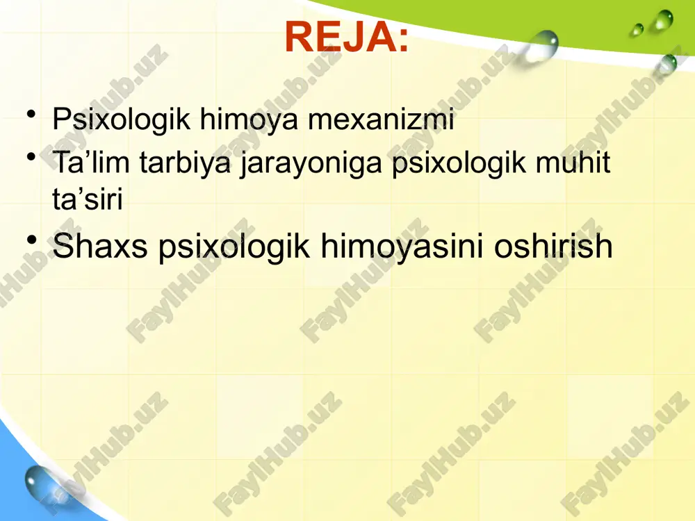 impulslarni kuchaytirish orqali xavotirlanish darajasini pasaytirish imkonini beruvchi mexanizm. regressiyaning namoyon bo‘lishi infantlikka o‘xshaydi. . ratsionalizatsiya esa o‘z xatti-harakatlarini o‘zi uchun maqbul bo‘lgan tushuntirishdan iborat. shaxsda psixologik himoya mexanizmi o'rganilgan va o'zlashtirilgan turli metodlar orqali amalga oshiriladi. bu metodlar quyidagilar o'z ichiga oladi: stress va turli hayot holatlariga qarshi kurashish va undan qutulish (relaksatsiya, meditatsiya, sporalik va boshqalar). psixodinamik psixoterapiya (freudizm, yungiyan psixologiya va boshqalar). 1.murojaatlar (kognitiv murojaatlar, behavioristik murojaatlar va boshqalar). o'zning o'ziga qarshi kurashish ko'nikmasi (o'zingiz bilan do'stlashish, ozgina ishlar va boshqalar). maʼnaviy tahdid "ma'naviy tahdid deganda deb yozadi prezidentimiz l.a.karimov, insonning aynan nuhiy dunyosini izdan chiqarish maqsadini ko'zda tutadigan mafkuraviy, g'oyaviy va informatsion xurujlarni nazarda tutish lozim deb o'ylayman" ("yuksak ma'naviyat-yengilmas kuch". shaxs psixologik himoyasini oshirish 1. o'z tushunchalari va ko'nikmalari ustida ishlash: shaxs o'zini tushunish uchun muntazam ravishda o'z fikrlari va hissiyotlari ustida ishlaydi. bu uchun u o'z hayotini tahlil qiladi, tushunchalarini aniqlab chiqadi va ularni …