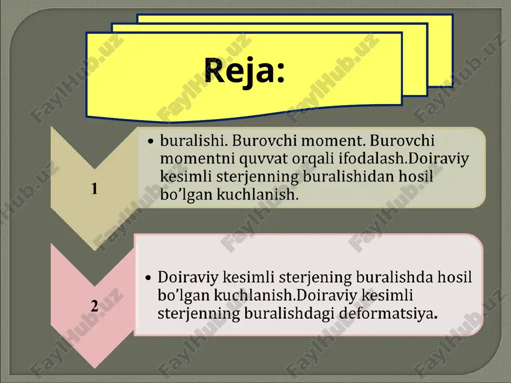 deformatsiyasini o‘rganish, uning nazariy asoslarini yaratish uchun juda ko‘p tajribalar o‘tkazilgan 4 – rasmda mazkur tajribalardan kichik bir lavha keltirilgan. rasmda valning buralishi natijasida uning sirtiga chizilgan kvadrat romb shaklini qabul qilyapti. kvadratning ac va bd tomoni as tomonga nisbattan siljiyapti va h.k. xullas, jami tajribalardan olingan natijalarni umumlashtirganda qo‘yidagi xulosalar – buralishi nazariyasining ish gipotezalarini hosil qilinadi. valning buralishi davomida: 1. ikkita ko‘ndalang kesim orasidagi masofa o‘zgarmaydi: 2. val ko‘ndalang kesimining radiuslari to‘g‘ri chiziqli shaklini saqlaydi: 3. deformatsiya davomida tekis ko‘ndalang kesimlar tekisligicha qoladi, faqat o‘zaro ma’lum burchakka buriladi. val kesimlaridagi kuchlanish va deformatsiyasini aniqlash valning i va ii ko‘ndalang kesimlari orasida sof siljish deformatsiyasi sodir bo‘layotganligi ko‘rinib turibdi, demak valning ko‘ndalang kesimlarida faqat urinma kuchlanishlar hosil bo‘ladi. val ko‘ndalang kesimining istalgan nuqtasidagi urinma kuchlanish: formula bilan aniqlanadi. bu formulada:  -burovchi momentning kuchlanishi aniqlanayotgan kesimdagi qiymati: -kuchlanish aniqlanayotgan nuqtadan val ko‘ndalang kesimi markazigacha bo‘lgan masofa j -ko‘ndalang kesim …