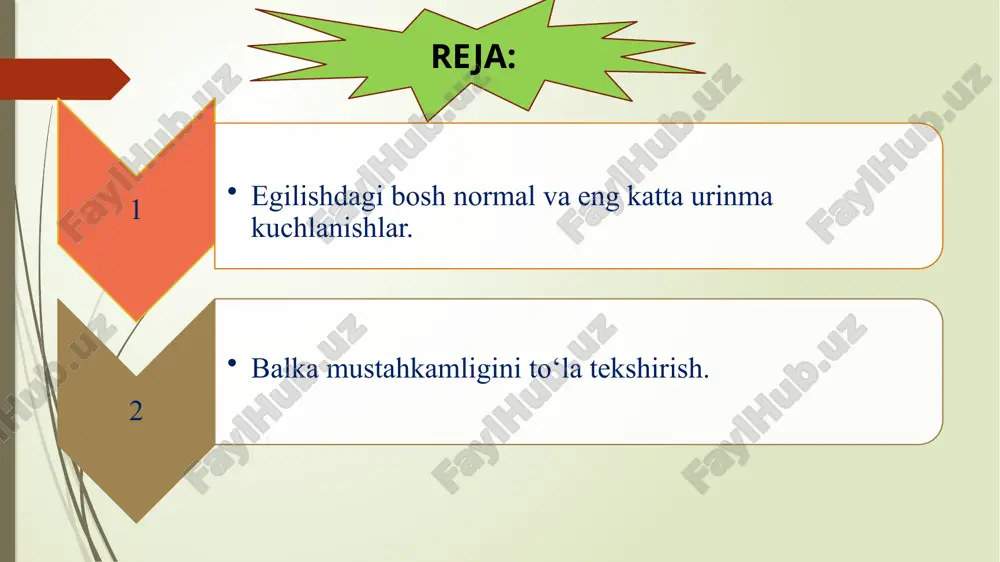 m, u xavfliroq holatda bo'lishi mumkin, chunki bu element ikki xil kuchlanish, ya'ni normal va urinma kuchlanishlar ta'siridadir(1-shakl, a, b). bu kuchlanishlarning qiymatlari (3) va (4) formulalar asosida topiladi: bu formulalardagi mx bilan qx tekshirilayotgan element joylashgan ko'ndalang kesimdagi eguvchi moment va kesuvchi kuchdir. biz tekshirayotgan d element tekis kuchlanish holatida bo'ladi. hozir tekshirilayotgan konkret hol uchun umumiy nazariyani tatbiq qilamiz. bu holda (1, b-shakl, b) bo'ladi, chunki balkaning neytral qatlamiga parallel qatlamlar bir-birini bosmaydi deb faraz qilinadi. bundan ekanligi kelib chiqadi. balkaning mustahkamlik shartini tuzish uchun ajratilgan elementning bosh kuchlanishlari bilan bosh yuzalarini topish kerak. biz tekis kuchlanish holatida bo'lgan elementlarning bosh kuchlanishlarini va bosh yuzalarini topishning umumiy formulalariga yuqorida hosil bo'lgan qiymatlarni qo'yib, bosh normal kuchlanishlar uchun quyidagi ifodalarni hosil qilamiz: bosh yuzalarni topish uchun mana bunday formula hosil bo'ladi: (5) formuladan balkaning bosh yuzalarida hosil bo'ladigan bosh normal kuchlanishlarning qiymatlari, (6) formuladan ularning yo'nalishlari aniqlanadi. bosh yuzalar …