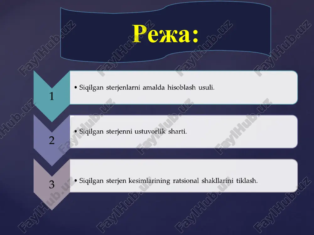 sterjenning materiali va uning egiluvchanligiga bog'liqdir. har bir material uchun koeffitsient (15.1) formulalardan, ya'ni qabul qilingani, n, nu va σm hamda shu material uchun σk va λ orasidagi bog'lanishdan foydalanib aniqlanadi. shu quyidagicha yoziladi: (15.2) sterjenning egiluvchanligiga bog'lab, φ koeffitsientning miqdorlari uchun jadval tuziladi. bunday jadvallar spravochniklarda beriladi. masalan, qurilish me'yorida berilgan bunday jadval 15.1 - jadvalda keltirilgan. agar siqilgan sterjenning ko'ndalang kesim o'lchamlari ma'lum bo'lsa, uning ustuvorligini (15.2) formulaga asosan tekshirish uncha qiyin emas, dastavval rmin inertsiya radiusi va egiluvchanlik hisoblanib, 15.1- jadval bo'yicha φ koeffitsient topiladi, so'ngra ustuvorlik uchun ruxsat etilgan kuchlanish formuladan aniqlanadi. agar siqilgan sterjenlarning ko'ndalang kesimlarini tanlashga to'g'ri kelsa, u holda masala ketma-ket yaqinlashish yo'li bilan echiladi, chunki (15.2) formulaga ikkita noma'lum bilan φ miqdorlar kiradi. ][ f p brutto  min kel r   ][][ y  bruttof φ koeffitsientini topish jadvali egiluvchanlik λ po'latlar st. 2, st.3, st 4 po'lat st. 5 …