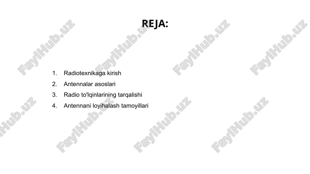 lash uchun zarurdir. 01 02 03 radioto'lqinlarning tarqalishi radio to'lqinlarining havo, suv va qattiq jismlar kabi turli xil muhitlar orqali harakatlanishini anglatadi. chastota, masofa va to'siqlar kabi omillar to'lqin tarqalishiga ta'sir qiladi. antennalar radio to'lqinlarini uzatish va qabul qilishda hal qiluvchi rol o'ynaydi. ular elektromagnit to'lqinlarni samarali ravishda chiqarish yoki ushlab turish uchun mo'ljallangan bo'lib, ularni har qanday radio aloqa tizimining muhim tarkibiy qismlariga aylantiradi. antennani loyihalash tamoyillari venus is the second planet from the sun mercury is the closest planet to the sun jupiter is the biggest planet of them all 1 2 3 elektr uzatish liniyalari va to'lqin o'tkazgichlari elektr uzatish liniyalari va to'lqin o'tkazgichlari radiotexnika va antennani loyihalash sohasidagi muhim komponentlardir. ular elektromagnit energiyani bir nuqtadan ikkinchi nuqtaga o'tkazish uchun ishlatiladi. elektr uzatish liniyalari odatda ko'plab elektron qurilmalarda radio chastotali signallarni tashish uchun ishlatiladi. ular energiya oqimini boshqarishda va signalni samarali uzatish uchun impedans mosligini saqlashda yordam …
