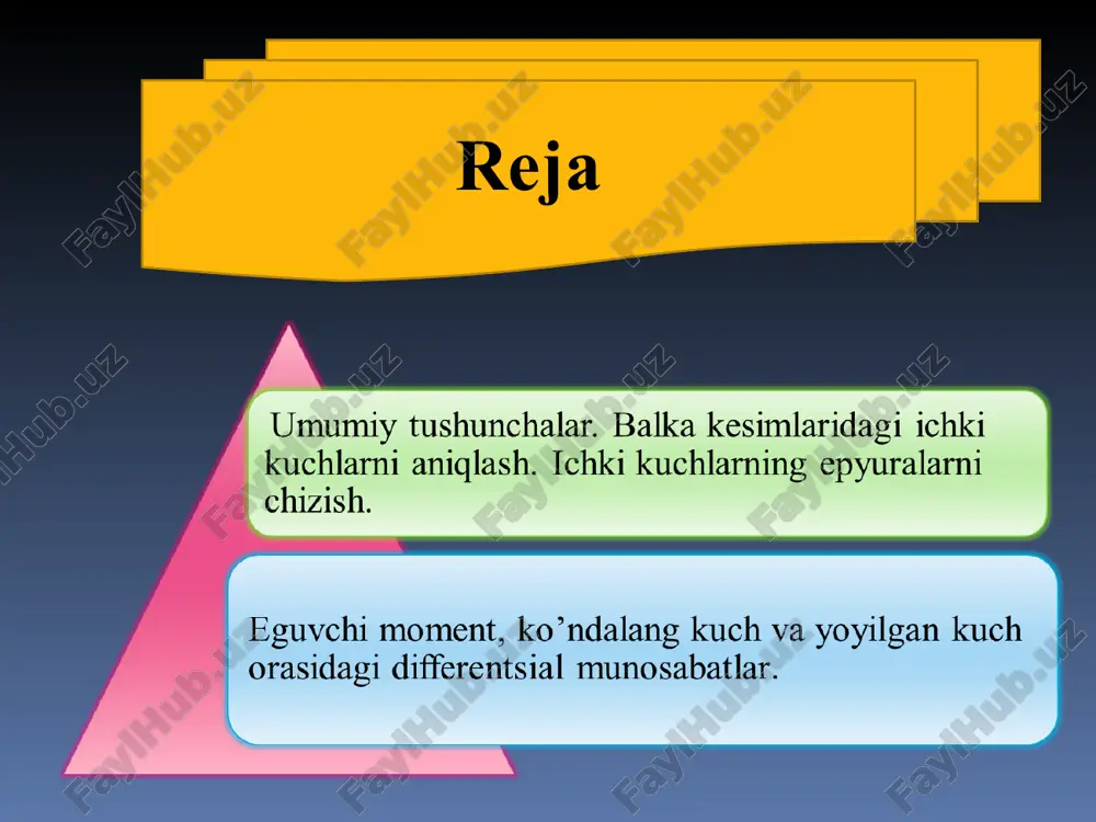 qining perpendikulyariga bo‘lgan proeksiyalarining yig‘indisiga aytiladi. eguvchi moment “m” deb, balkaning qoldirilgan qismiga ta’sir etayotgan barcha tashqi kuchlardan kesim og‘irlik markazga nisbatan olingan momentlar yig‘indisiga aytiladi. umumiy holda “n”, “q”, “m” kesim holati funksiyalardan iborat bo‘ladi. ichki kuchlardan, balka uchun asosan eguvchi moment “m” nieng katta qiymatga erishgan kesimini xavfli kesim deb ataladi. xavfli kesim holatini “m” va “q” funksiyalarning grafiklaridan aniqlash oson. bunday grafiklarni mos ravishda “m” eguvchi moment va ko‘ndalang kuch “q” epyuralari deb ataladi. epyuralarni qurishda qo‘yidagi ishora qoidalarga amal qilinadi (4-rasm). eguvchi moment “m” va ko‘ndalang kuch “q” epyuralarini ko‘rish. masala 1. bunday balka uchun “m”, “q” epyuralarini tayanch reaksiyalarini aniqlamasdan ko‘rish mumkin. balkada belgilangan kesim uchun q=p,m=-px     l x=0, m=0 x=1, m=-pl “m” ning musbat, “q” ning manfiy epyuralari balka o‘qining tagiga, “m” ning manfiy “q” ning musbat epyuralari balka o‘qining yuqorisiga quriladi (5-rasm). masala 2. (6-rasm) avval tayanch reaksiyalar ianiqlanadi …