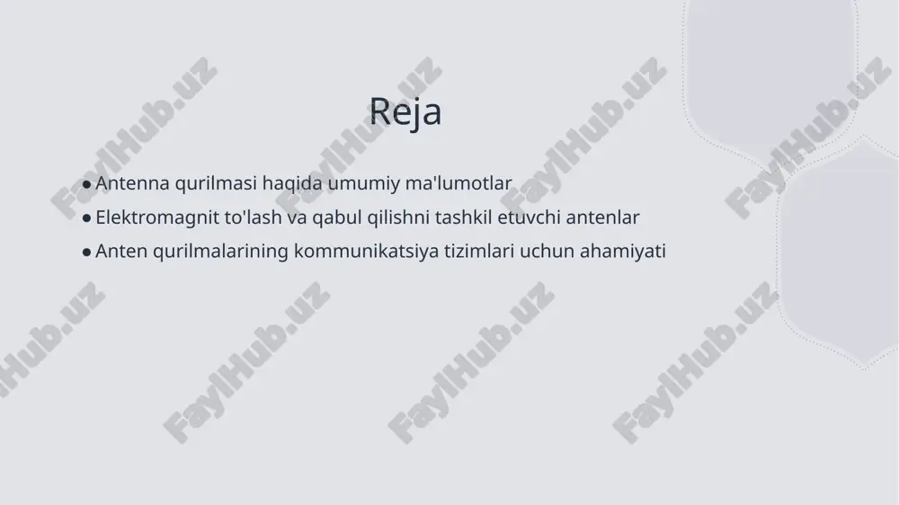 birga ishlashi ilmiy tushuncha asosiydir. 2 elektromagnit to'lash prinsiplari elektromagnit to'lashda faraday qonuni, lenz qonuni, elektromagnit o'zlashtirish prinsipi katta ahamiyatga ega. bu prinsiplar elektrikni va magnitni birga birlashtiradi. 3 elektromagnit to'lashning roli elektromagnit to'lash, radiolavhalar, televizor, va mobil kommunikatsiya tarmoqlarida katta ahamiyatga ega. ushbu prinsiplar televideniya va kommunikatsiya sohalari uchun asosiydir. antenlar va kommunikatsiya tarmoqlari antenlar va kommunikatsiya tarmoqlari antenlar va kommunikatsiya tarmoqlari kommunikatsiya tizimlarida maqsadli ma'lumot almashish uchun muhimdir. ularning ishlash prinsiplari va o'zaro bog'liqliklarini o'rganish osonroq bo'ladi. uchliklar va kommunikatsiya tarmoqlari uchliklar antenlar orqali uzatiladigan elektromagnit so'nglarini qabul qilishda muhim rol o'ynaydi. uchliklarning kengayishi va yo'nalishlari kommunikatsiya tarmoqlarini ta'sir etadi. antenlar va kommunikatsiya tarmoqlari orasidagi o'zaro munosabat antenlar va kommunikatsiya tarmoqlari o'rtasidagi o'zaro munosabat, signal kuchini oshirish va qabul qilish bo'yicha tizimni rivojlantirishda katta ahamiyatga ega. uchliklar va antenlar o'rtasidagi moslashtiruvchi muhim o'rin. anten qurilmalarining ahamiyati antenlar antenlar kommunikatsiya tizimlarining asosiy qismlaridir. ularning to'g'ri ishlashi tarmoqning samaradorligini ta'minlaydi. …