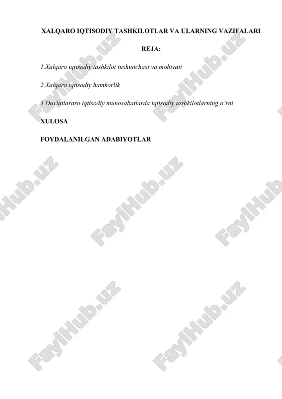 ivojlantirish ko'lami va yo'nalishi ma'lum davlatlar va ularning siyosatiga ko'proq bog'liqdir. xalqaro savdo -iqtisodiy munosabatlar masalalarida ko'p qirrali tartibga solish hukumat qarorlariga uning ishtirokchilarining milliy suverenitetiga ta'sir ko'rsatmasdan ta'sir qiladi. bu borada tartibga solish nafaqat davlat siyosati sohasiga aralashadi, balki tashqi iqtisodiy sohadagi ishtirokchilarga hukumatlararo darajada va xalqaro tashkilotlar sohalarida ham ko'mak beradi. xalqaro iqtisodiy tashkilotlar - bu maqsadlar, vakolat va boshqa "o'ziga xos" siyosiy va tashkiliy me'yorlarga ega bo'lgan ko'p tomonlama davlatlararo munosabatlar instituti. bunday normalar (muassasalar) qarorlarni qabul qilish tartibi, ustav, a'zolik, tartib, shuningdek konferensiyalar, yig'ilishlar, kongresslar bo'lib, o'z faoliyatini cheklangan vaqt davomida amalga oshiradilar. xalqaro tartibga solishda o'zaro ta'sir qilish usullari quyidagilardan iborat. -xalqaro tashkilotlar tomonidan qabul qilingan va ishlab chiqilgan ko'rsatmalar va qarorlar. ular o'z a'zolari uchun majburiydir; -hukumatlararo darajada tuzilgan ko'p tomonlama shartnomalar; -kelishuvlar -mintaqaviy darajadagi maslahat va hamkorlik. davlatlarning iqtisodiy siyosatini tartibga solish mintaqaviy va xalqaro miqyosda amalga oshiriladi va xalqaro xususiy va ommaviy …