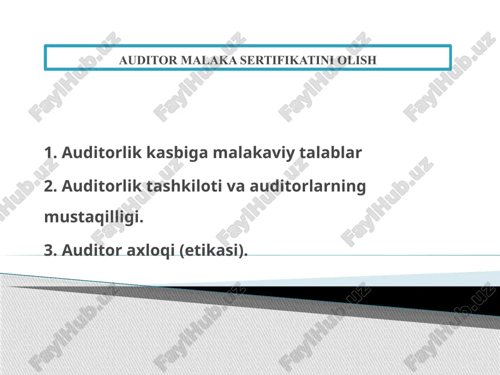 ni topshirmasdan amalga oshiriladi. malaka imtihonini topshirish uchun talabgor quyidagi talablardan biriga javob berishi kerak: 1 oliy ma’lumotga, oliy ta’lim muassasini bitirganidan so‘ng oxirgi o‘n yil ichida kamida uch yillik audit va buxgalteriya hisobi sohasida yoxud shu sohalarda oliy ta’lim muassasalarida dars berish bo‘yicha amaliy ish stajiga (shu jumladan, o‘rindoshlik asosida) ega bo‘lishi; 2 “buxgalteriya hisobi” va “audit” mutaxassisliklari bo‘yicha magistr diplomiga va auditorlik tashkilotida bir yildan kam bo‘lmagan amaliy ish stajiga (shu jumladan, o‘rindoshlik asosida) ega bo‘lishi; 3 fanning iqtisodiy tarmoqlari sohasida ilmiy darajaga ega bo‘lishi. malaka imtihonini o‘tkazish uchun o‘zbekiston respublikasi moliya vazirligi tomonidan komissiya raisini hisobga olgan holda to‘rt kishidan kam bo‘lmagan tarkibda malaka imtihoni komissiyasi tashkil qilinadi. malaka imtihoni komissiyasi tarkibiga vazirlik xodimlari va auditorlarning respublika jamoat birlashmasi vakillari kiritiladi. talabgor malaka imtihonini topshirish uchun quyidagi hujjatlarni vazirlikka taqdim etadi: a) malaka imtihonini topshirishga ruxsat berish to‘g‘risidagi ariza; b) pasport nusxasi (chet el fuqarolari va fuqaroligi …