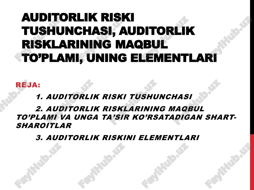ya texnologiyalarining joriy etilishi; tarmoqning umumiy ahvoli va bankrotliklar soni; qonunchilikning tez-tez o’zgarib turishi; qonunda belgilangan cheklashlar yoki atrof muhitni muhofaza qilish bilan yoxud boshqa shart-sharoitlar bilan bog’liq cheklashlar. ichki xo’jalik riskiga ta’sir ko’rsatuvchi ikkinchi guruh omillar ishlab chiqarish faoliyatining joylashgan o’rni bilan bog’liq. uchinchi guruh omillar shtat va biznesni tashkil etish bilan belgilanadi. bu yerda quyidagilar muhim ahamiyat kasb etishi mumkin: korxona rahbarining ustunligi (dominantligi) va direktorlar kengashining samarasiz faoliyati; korxona rahbarining moliyaviy muammolari; aktsiyadorlar va rahbariyat o’rtasidagi munosabatlarda vujudga keladigan tortishuv va muammolar natijasida rahbariyat mulkdorlar manfaatini himoya qilgani holda o’z maqsadlarini ko’zlaydilar. bular zamirida qalloblik va suiiste’mol qilishlar yashirinishi mumkin. ichki xo’jalik risklariga ta’sir ko’rsatuvchi omillarga quyidagilar ham kiritilishi mumkin: rahbariyat va xodimlar malakaviy darajalarining pastligi; kelajakka o’ta ishonch bilan qarash(loqaydlik); rahbarlikning haddan tashqari maydalashtirib yuborilishi oqibatida buxgalteriya ustidan yagona nazorat yo’qolib, u erda har bir kishi mas’uliyatni bir-biriga yuklaydilar. xodimlar etishmasligi; auditor yoki yuristlarning tez-tez o’zgarib …