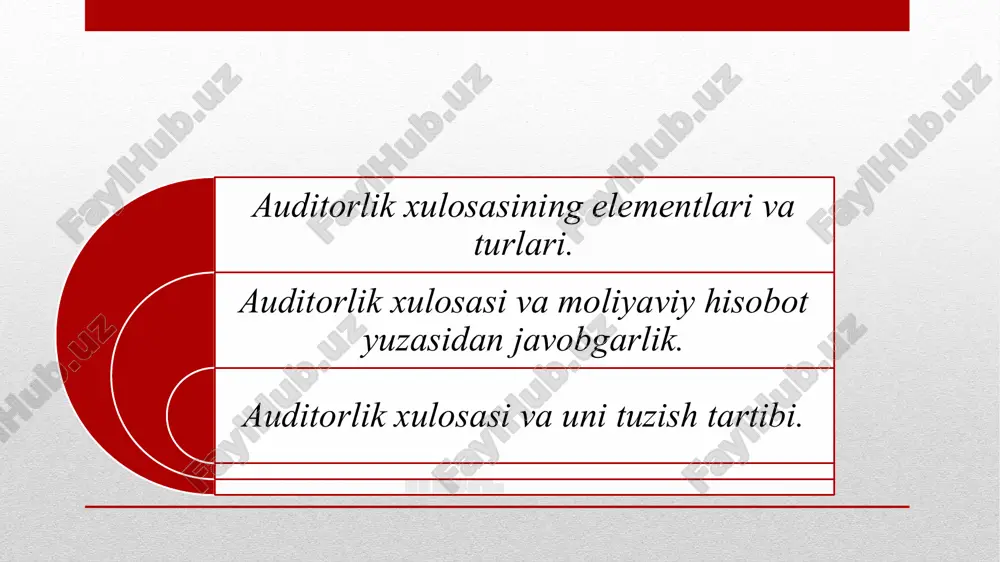 kdori, ishtirokchilari (aksiyadorlari) umumiy yig`ilishiga taqdim etiladigan, auditorlik tekshiruvining borishi, buxgalteriya hisobini yuritishning belgilangan tartibidan aniqlangan chetga chiqishlar, moliyaviy hisobotdagi huquq buzilishlari to`g`risida batafsil ma’lumotlar, shuningdek, auditorlik tekshiruvini o`tkazish natijasida olingan va auditorlik xulosasini tuzish uchun asos hisoblanadigan boshqa axborotdan iborat bo`lgan hujjat. auditorlik xulosasi quyidagi elementlarni o`z ichiga oladi: • a) nom ("auditorlik xulosasi" yoki "auditorlik tashkilotining xulosasi": ikkala nom teng huquqli); • b) adresatning nomi; • v) kirish qismi; • g) qayd etish qismi; • d) yakuniy qism; • e) auditorlik xulosasini berish sanasi; • j) auditorlik tashkiloti manzili; • z) auditorlar va auditorlik tashkiloti rahbarining imzosi. 1. ijobiy auditorlik xulosa 2. salbiy auditorlik xulosa 3. modifikatsiyalangan xulosa auditorlik xulosalarining turlari ijobiy auditorlik xulosasi auditorlik tashkiloti xo`jalik yurituvchi sub’ektning moliyaviy hisoboti uning moliyaviy ahvolini haqqoniy yoritadi va xo`jalik yurituvchi sub’ekt amalga oshirgan moliyaviy va xo`jalik operatsiyalari o`zbekiston respublikasining qonunchiligi talablariga muvofiq degan fikrga kelganda ijobiy auditorlik xulosasi tuzilishi …
