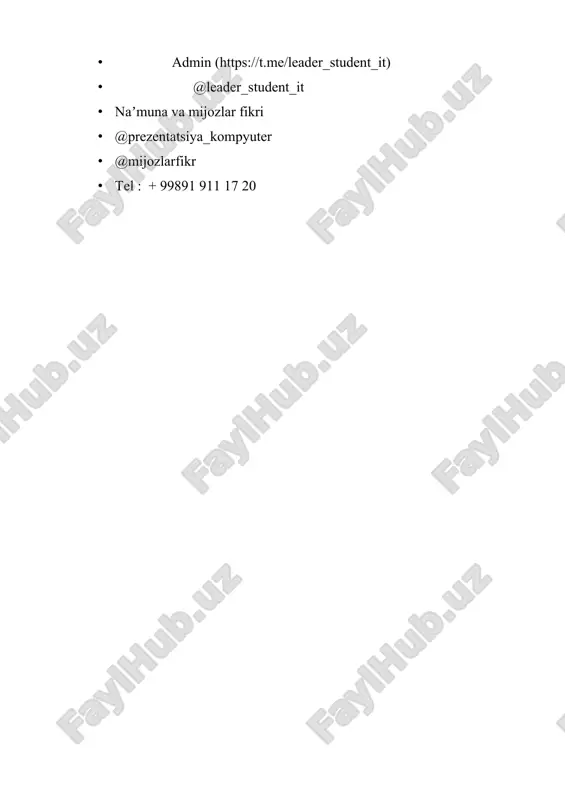 iqarish qurilmasi –bu: +displey va printer skaner -modem -strimmer modem nima: +analogli signallarni diskret signallarga o’tkazib beruvchi va aksincha amal bajaruvchi texnik qurilma -pochta dasturi -tarmoq protokoli -internet serveri kompyuter virusi bu: +o’lchami katta bo’lmagan maxsus yozilgan dastur -kompyuter kasalligi -kompyuterning maxsus jihozi -mikrob chop qilish qurilmasining turlari necha xil bo’ladi: +matritsali, purkagichli, lazerli -purkagichli, lazerli -rangli, oq-qora -purkagichli, lazerli, ignali shaxsiy kompyuterning asosiy bloklaridan birini ko’rsating: +tizimli blok -printer -skaner -venchester shaxsiy kompyuterning asosiy bloklaridan birini ko’rsating: +monitor -kolonka -printer -skaner kompyuter tizimli bloki va monitorni o’rnatish uchun qanday kuchlanishga ega bo’lgan elektr tarmog’i bo’lishi kerak: +220 volt, 50 gs -2 volt, 50 gs -220 volt, 60 gs -2 volt, 75 gs kompyuterning ehtimoliy nosozliklarini aniqlang: tashqi belgisi: kompyuter yoqilgandan so’ng ham ishlamayapti, tizimli blok yoki monitor indikator lampasi yonmayapti: +elektr oziqlanish yo’q -kompyuter tizimli bloki ishlamayapti -diskovodga disk kuyilgan, kompyuternin dasturiy ta’minoti buzilgan -klaviatura ulanmagan yoki noto’g’ri ulangan, …