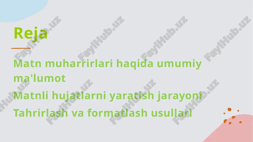 ari matnli hujatlarni yaratish jarayonida turli dasturiy ta'minotlar, masalan, microsoft word, google docs va latex kabi vositalar ishlatiladi. foydalanish qulayligi dasturiy ta'minotlar matnni tez va oson yaratish, tahrirlash va formatlash imkoniyatini beradi, bu esa ish jarayonini samarali qiladi. hamkorlik va integratsiya zamonaviy dasturlar jamoaviy ishni qo'llab-quvvatlaydi, foydalanuvchilar hujjatlarni birgalikda tahrirlashlari va online platformalarda ishlashlari mumkin. hujjat yaratishda asoslanuvchi bosqichlar va amaliyotlar. hujjat yaratishda asoslanuvchi bosqichlar quyidagilarni o'z ichiga oladi: 1) rejalashtirish – mavzu va maqsadlarni aniqlash; 2) yozish – matnning dastlabki versiyasini yaratish; 3) tahrirlash va formatlash – matnni yaxshilash va ko'rinishini to'g'ri qilish. bu jarayonlar sifatli hujjat tayyorlash uchun muhimdir. matnli hujatlarni yaratishda muhim qoidalar va tavsiyalar. hujjat tuzish asoslari - matnli hujatlarni yaratishda dastlabki reja va tuzilma muhimdir. hujjatning maqsadi va auditoriyasini aniqlash samarali natijalar uchun zarur. aniq tilda yozish - yozuvda aniq va tushunarli tilni ishlatish muhimdir. murakkab iboralardan qochish, o'quvchilarga ma'lumotni oson tushunishga yordam beradi. formatlash …
