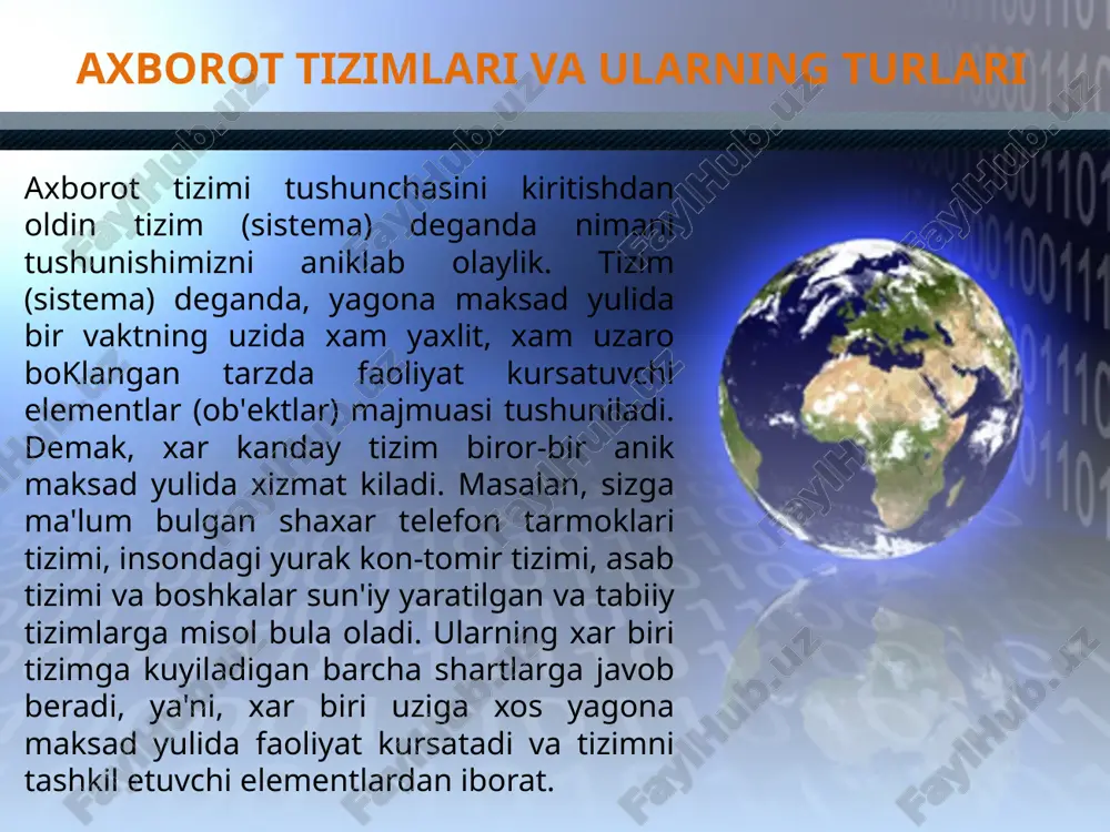 avtomatik turlari ma'lum. avtomatlashtirilgan axborotlar tizimida boshkarish yoki ma'lumotlarni kayta ishlash funktsiyalarining bir kismi avtomatik ravishda, kolgani esa inson tomonidan bajariladi. avtomatik axborotlar tizimida boshkarish va ma'lumotlarni kayta ishlashning barcha funktsiyalari texnik vositalarda, inson ishtirokisiz amalga oshiriladi (masalan, texnologik jarayonlarni avtomatik boshkarish). kullanish soxasiga karab axborot tizimlarini kuyidagi sinflarga ajratish mumkin: ilmiy tadkikotlarni avtomatlashtirish va boshkarish loyixalashtirishni avtomatlashtirish; tashkiliy jarayonlarni va texnologik jarayonlarni boshkarish dastlabki axborot tizimlari 50-yillarda paydo buldi. bu yillarda ular maosh xisob-kitoblarini kayta ishlash uchun muljallangan bulib, elektromexanik buxgalterlik xisoblash mashinalarida amalga oshirilgan. bu kokoz xujjatlarni tayyorlashda mexnat va vaktni bir kadar kiskartirishga olib kelgan. 60-yillarda axborot tizimlariga munosabat butunlay uzgardi. bu tizimlardan olingan axborot davriy xisobot uchun kupgina parametrlar buyicha kullana boshlandi. buning uchun tashkilotlarga kupgina funktsiyalarga ega bulgan eum lar talab etila boshlandi. 70—80-yillarda axborot tizimlari karorlarni kullab- kuvvatlovchi va tezlashtiruvchi jarayonga ega bulgan nazorat boshkaruvi vositalari sifatida keng foydalanila boshlandi. 80-yillar oxiridan boshlab, axborot …