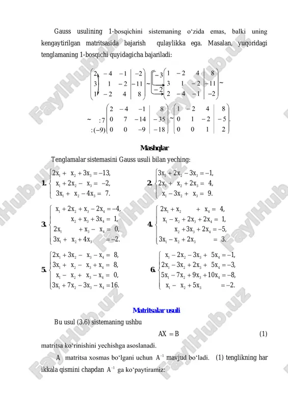lar usuli bu usul (3.6) sistemaning ushbu bax  (1) matritsa ko‘rinishini yechishga asoslanadi. a matritsa xosmas bo‘lgani uchun 1a mavjud bo‘ladi. (1) tenglikning har ikkala qismini chapdan 1a ga ko‘paytiramiz: ~ ~ ~ ~ ., 111 baexbaaxa   yoki .1bax  (2) (2) tenglamaga chiziqli tenglamalar sistemasini matritsalar usuli bilan yechish formulasi deyiladi. 2-misol.         42 ,62 ,5 321 321 321 xxx xxx xxx tenglamalar sistemasini matritsalar usuli bilan yeching. yechish. sistemaning determinantini hisoblaymiz: .05141212 211 112 111 det   a demak, sistema – xosmas. determinant elementlarining algebraik to‘ldiruvchilarini aniqlaymiz: 1 21 11 11 a , ,3 21 12 12 a ,1 11 12 13 a ,3 21 11 21   a ,1 21 11 22 a ,2 11 11 23   a ,2 11 11 31   a ,1 12 11 32 a .3 12 11 …