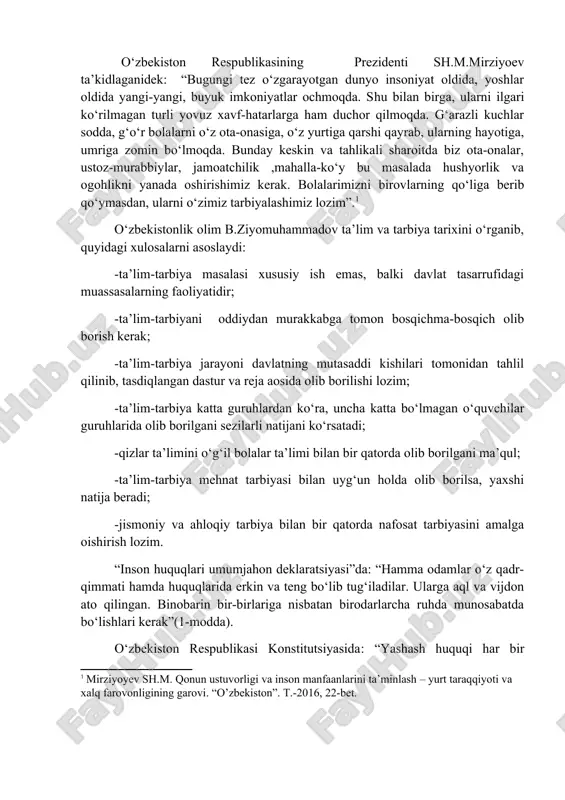 riga nisbatan birodarlarcha ruhda munosabatda bo‘lishlari kerak”(1-modda). o‘zbekiston respublikasi konstitutsiyasida: “yashash huquqi har bir 1 mirziyoyev sh.m. qonun ustuvorligi va inson manfaanlarini ta’minlash – yurt taraqqiyoti va xalq farovonligining garovi. “o’zbekiston”. t.-2016, 22-bet. insonning uzviy huquqidir. inson hayotiga suiqasd qilish eng og‘ir jinoyatdir”(24- modda). o`zbekiston respublikasi birinchi prezidenti i.a.karimov ilgari surgan islohotlarning muhim tamoyillaridan biri ijtimoiy siyosatga qaratilishi bilan ajralib turadi. bugun yurtimizda amalga oshirilgan “onalar va bolalar” yili, “inson manfaatlari“ yili , “sog`lom avlod” yili,“homiylar va shifokorlar yili”, “onalar va bolalar yili” “barkamol avlod” yili, “ mustahkam oila”, sog’lom ona va bola yili”yilning davomi sifatida prezident sh.m.mirziyoev tomonidan 2017 yilni “xalq bilan muloqat va inson manfaatlari yili deb e'lon qilindi. 2018-yil “faol tadbirkorlik innovatsion g’oyalar va texnologiyalarni qo’llab quvvatlash yili ham davlatimizning xalqimizga qilayotgan g`amxo`rligi insonparvarlik timsolining negizi sifatida amalga oshirilmoqda. insonparvarlik(«inson» — arabcha; «parvar» — fors-tojikcha; «lik» — o`zbekcha — kishiga g`amxo`rlik, gumanizm) — odamzodning qadri, uning erkinligi, …