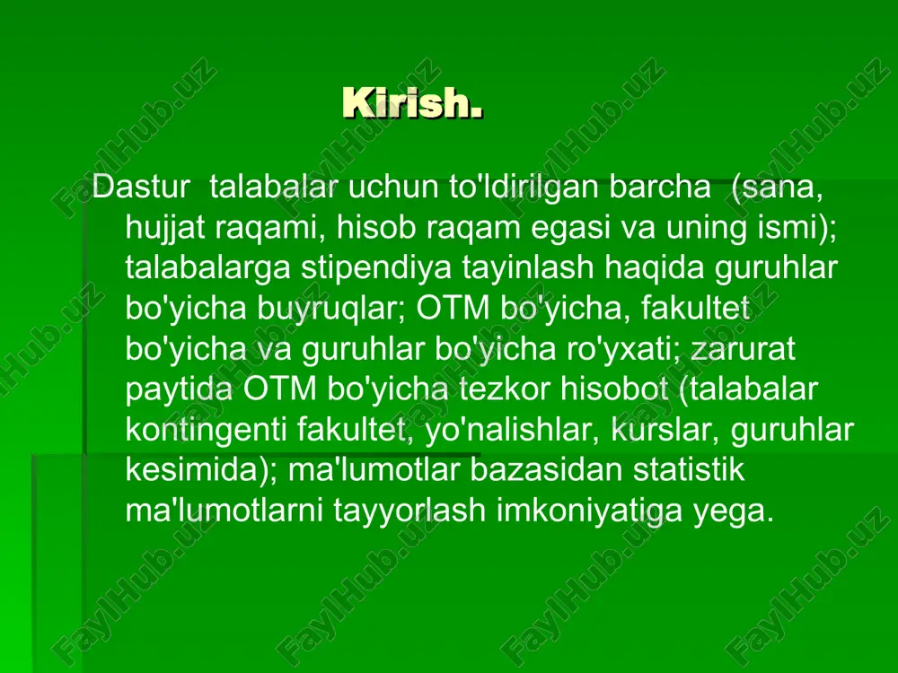 vaqtda tarmoqda yuklanish minimal bo‘ladi. kalit familiya ismi otasining ismi 1 sadiqov jasur tursinboyevich 2 avezov dilmurod ravshanbekovich 3 …… ….. …………… universitet talabalari ma`lumotlar bazasini loyihalashtirish. ko'nikmalari domen tahlil, ma'lumotlar bazasi dizayni, ma'lumotlar bazasi, access, uning jismoniy amalga oshirish - amaliy vazifalar maqsadi. o'z ichiga olishi kerak a fayli access shaklida vish, natijasi: • mo'ljallangan stol, • jadvallar orasidagi munosabatlar dan grafik ma'lumotlar, • shakli, bir foydalanuvchi interfeysi bilan ta'minlash, bozaga ma`lumotlarni kiritish. bunda talaba, guruxi, kursi, ishi, boxo kiritilgan sanasi, baxosi va kiritilish sanasi. xulosa so'nggi yillar davomida universitet tubdan o'zgardi. uning binosi, auditoriyalar va kabinetlari, talabalar uyi kapital yangi zamonaviy o'quv binosi qurib bitkazildi. aytish joizki, universitet talabalari qariyb ko’plab elektron kitobdan iborat avtomatlashtirilgan resurs markazidan foydalanishlari mumkin. bundan tashqari, universitet xalqaro bozorda axborot texnologiyalari sohasi bo'yicha xizmatlarni taqdim qiluvchi kompaniyalar bilan hamkorlikni yo'lga qo'ygan va doimiy tarzda mazkur kompaniyalar vakillari ishtirokida trening va seminarlar tashkil etiladi. …