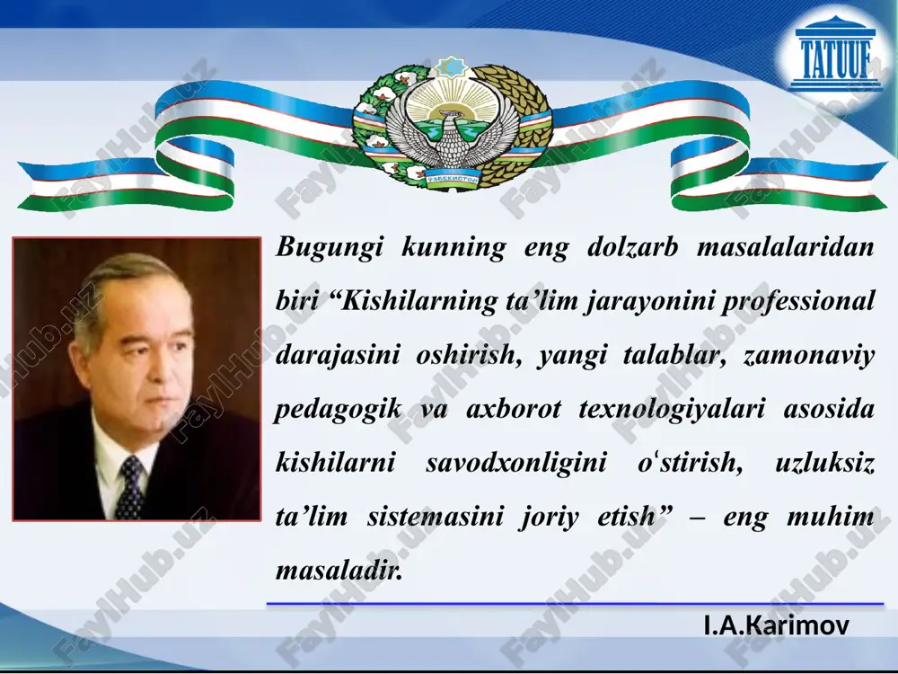 ktron hukumat” o‘quv markazini masofaviy ta`lim tizimini yaratish bitiruv malakaviy ishining asosiy maqsadi xisoblanadi. •davlat va xo`jalik boshqaruvi, mahalliy davlat hokimiyati organlari xodimlarining akt boyicha online tarzda bilimlarini o‘zlashtirishda uslubiy yordam ko’rsatish, yaratiladigan tizim samaradorligini baholash, bilimlarni o’zlashtirishini nazorat etish, ma’lumotlar bazasini yuritish tizimni yaratishdagi asosiy vazifalar hisoblanadi. bitiruv malakaviy ishining maqsadi va vazifasi. masalaning qo`yilishi hozirgi kunda fan va texnika hamda axborot texnologiyalari rivojlanib borayotgan bir vaqtda, rivojlanishning yuksak omillari har bir sohaga kirib bormoqda. masofaviy ta’lim tizimini yaratish o‘quv jarayonini yaxshilash, amalyotga tadbiq qilish, masofaviy ta’lim o‘quv jarayonidagi samaradorligini oshirish uchun zamonaviy usullar vujudga kelmoqda va bu soxada ilmiy tajribalar paydo bo‘lmoqda. masofaviy ta’lim tizimini tashkil qilishda, birinchi navbatda uning maqsadi va asosiy vazifalarini aniq belgilab olishi kerak. bitiruv malakaviy ishiga qo‘yilgan masala “elektron hukumat” o‘quv markazining masofaviy ta’lim tizimini yaratishdan iborat. ushbu bitiruv malakaviy ishiga qo‘yilgan masalani yechish uchun quyidagi natijalarga erishish ko‘zda tutilgan: masalaning qo`yilishi • …