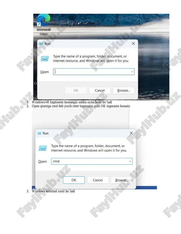 sini bossangiz ushbu oyna hosil bo`ladi 2. open qismiga cmd deb yozib inter tugmasini yoki ok tugmasin bosasiz 3. windows terminal xosil bo`ladi 4. terminalga paython deb yozasiz va inter tugmasini ezasiz. agar sizda paython o`rnatilgan bo`lsa uning versiyasi bilan oynaga chiqarib beradi agar kompyuteringizda python o'rnatilmaganligini aniqlasangiz, uni quyidagi veb-saytdan bepul yuklab olishingiz mumkin: https://www.python.org/ https://www.python.org/ 1.2.2 pythonda yozilgan kodlar (agar matn muxarririda yozgan bo`lsangiz) .py bilan tugaydi va uni terminalda o`qimoqchi bo`lsangiz terminalga fayl joylashgan yo`l ko`rsatiladi. c:\users\your name  o`qimoqchi bo`lgan faylingiz joylashgan joy python  o`qimoqchi bo`lgan faylingizni python fayl ekanligini bildiradi helloworld.py  python fayl xisoblanadi bonus: biror bir matn muharririda quyidagi kodni yozish orqali paythonni qaysi versiyasi o`rnatilganligini ham bilishingiz mumkin: import sys print (sys.version) 1.2.3 python buyruqlar qatori ba`zan qisqa kodni qandayishlayotganini bilish uchun terminaldan xam foydalanishimiz mumkin 1. terminalga kiramiz(windows+r  cmd deb yozamiz va  enret tugmasini ezamiz) 2. terminalga python …