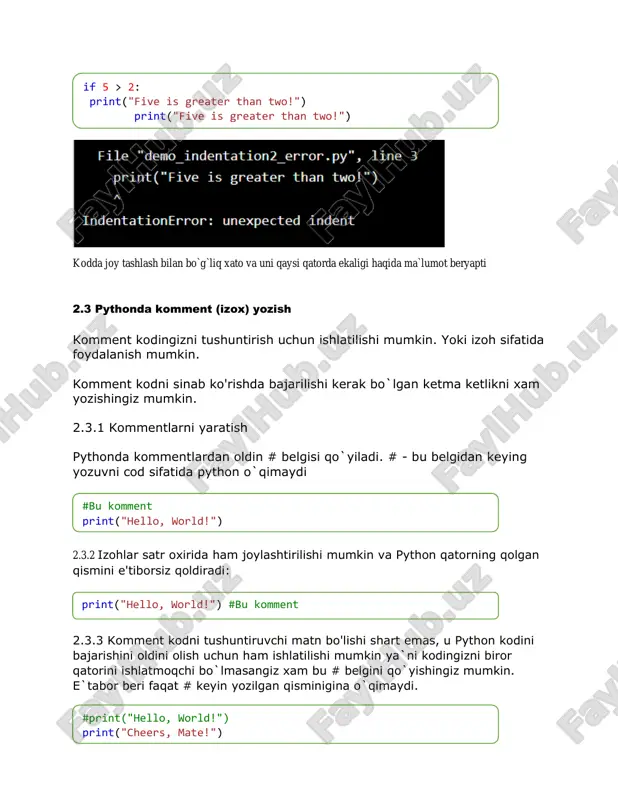 lgini qo`yishingiz mumkin. e`tabor beri faqat # keyin yozilgan qisminigina o`qimaydi. if 5 > 2: print("five is greater than two!") print("five is greater than two!") #bu komment print("hello, world!") print("hello, world!") #bu komment #print("hello, world!") print("cheers, mate!") 2.4 ko`p qatorli kommentlar python ko'p qatorli komment uchun ma`lum bir sintaksisiga ega emas. ko'p qatorli kommentlar yozilganda xar bir qatorga # belgisi qo`yiladi 2.4.1 ko`p qatorli kommentlarni 3 tirnoq ””” komment ””” shaklida xam yozishingiz mumkin #bir qatordan #ko`proq #yoziladigan kommentlar print("hello, world!") """ this is a comment written in more than just one line """ print("hello, world!")