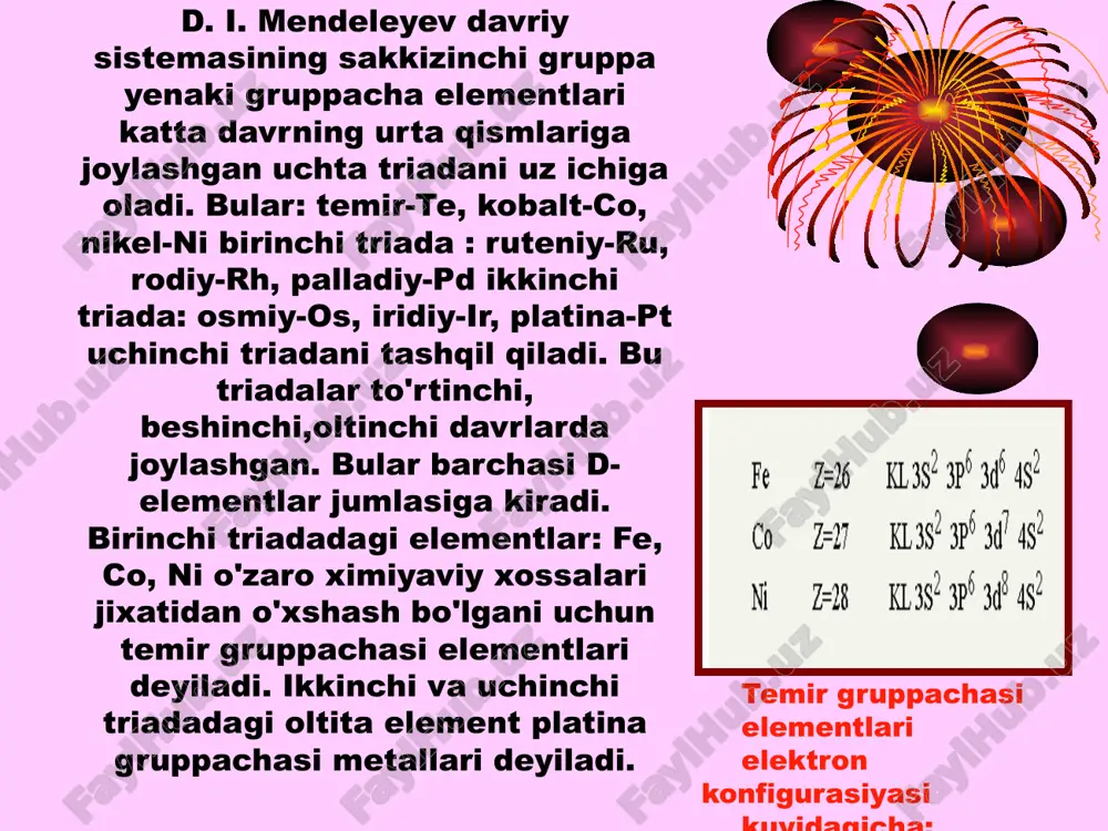 ularning turli komplekslari ma'lum. kompleks birikmalarda bu elementlarning koordinasion sonlari 4 va 6 ga tengdir. bu elementlarning normal elektrod potensiallarining manfiy kiymatlari ђe dan ni ga utganda kamayadi. fe, co, ni-kislorod bilan barkaror birikmalar xosil qiladi. ularning kislorod bilan xosil qilgan birikmalarining barkarorligi fe-co-ni qatorida chapdan ungga tomon bir oz kamayib boradi. fe-co-nining me(oh)2 va me(oh)3 tarkibli gidroksidlari usha metallning tuzlari eritmasiga ishqorlar va oksidlovchilar ta'siridan xosil qilinadi. fe-co-ni nitridlar, umuman unchalik barkaror emas. bulardan eng barkarori fe nitriddir. fe-co-ni ning karbidlaridan (fe3c, co3c, ni3c) fe3c, ya'ni sementit, chuyan va pulatning tarkibiy qismini tashqil qiladi. umuman bu uch metallning karbidlari metall karbidlar deyiladi. fe ning ikkita karbidi bor, biri fe2s ikkinchisi fe3s. fe2s bekaror modda, u tezda parchalanib fe3s ga aylanadi. fe-so-ni ning kuyidagi sulfidlari va fosfidlari mavjud: fes2 cos2 nis2 fe3p co3p ni3p co2s2 ni2s2 fep co3s4 ni3s4 fep2 fes cos nis fe-co-ni da s va r ning bo'lishi …