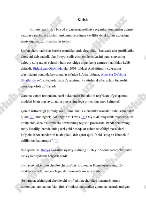 wikipedia.org/wiki/birlashgan_qirollik https://uz.wikipedia.org/wiki/italiya https://uz.wikipedia.org/wiki/ijtimoiy_xavflilik#cite_note-morris,_norval_pp._7-8-4 https://uz.wikipedia.org/wiki/ijtimoiy_xavflilik#cite_note-3 https://uz.wikipedia.org/wiki/ijtimoiy_xavflilik#cite_note-europeanrights.eu-2 https://uz.wikipedia.org/wiki/amerika_qo%ca%bbshma_shtatlari https://uz.wikipedia.org/wiki/amerika_qo%ca%bbshma_shtatlari hollarda keyinchalik sud tomonidan ko'rib chiqilishi shart boʻlgan hollarda qo'llanilishi; (c) to'g'ri asoslantirilgan bunday choralar faktlarga (gumonlarga emas) asoslangan bo'lishi shu bilan birgalikda tegishli tartibda berilishi kerak". jazo "xavflilik bashoratiga ko'ra, ushbu bashoratdan qat'i nazar, munosib jazo sifatida oqlanishi mumkin boʻlgan jazodan tashqari tayinlanmasligi yoki jazo muddati uzaytirilmasligi kerak". yelizaveta davrida angliyada "vagrantlar aktlari " paydo bo'lib, ularda qat'iy yolg'onchilar va sarsonlarga, qonuniy yoki ko'zga ko'rinadigan yordam vositalarisiz chet elda sarson-sargardon boʻlganlarga, qasddan bevaqt yurganlarga hamda haligacha tartibsizlikni asoslab beradigan shunga o'xshash yashirin iboralarga kiruvchilarga qarshi sanktsiyalar nazarda tutilgan. qo'shma shtatlardagi ko'plab shtatlar, shaharlar va okruglarning nizomlari, qoidalari va farmoyishlari. bu sanktsiyalar bezovta qiluvchi, xalaqit beruvchi yoki xavfli bo'lishi mumkin boʻlganlarga qarshi ochiqdan-ochiq ogohlantiruvchi zarbalardir. bu guruhga "shubhali shaxslar" farmoyishlari, "stop and frisk" va ommaviy mastlik qonunlari kiradi https://uz.wikipedia.org/wiki/amerika_qo%ca%bbshma_shtatlari https://uz.wikipedia.org/wiki/amerika_qo%ca%bbshma_shtatlari https://uz.wikipedia.org/wiki/angliya 1. ijtimoiy tusdagi favqulodda vaziyatlar. terrorizm to’g’risida tushuncha fuqarolarning muhofazasi maqsadida prezidentimiz …