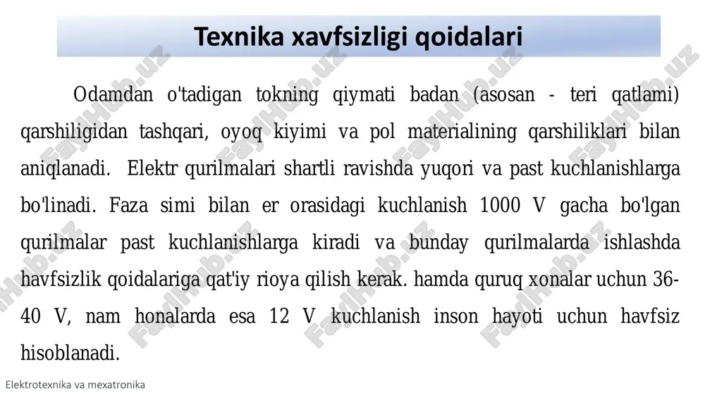 qilinadi: a) asbob yoki uskunalarning tokli qismiga tegish; b) o‘qituvchi yoki laborantning ruhsatisiz yig’ilgan sxemani elektr tarmog’iga ulash; g) bosh tarmoqdagi kommutasiya apparatlarini ulash yoki uzish. 3. biror sababga ko'ra elektr ta'minoti to'htaganda sxemani elektr tarmog’idan ajratish va bundan o‘qituvchini xabardor qilish zarur. 4. laboratoriya ishining mazmuni va xavfsizlik texnikasi qoidalarini yaxshi o'rgangan talabalar uni bajarish huquqiga ega bo'ladi. 5. bahtsiz hodisa yoki yong’in sodir bo'lsa barcha talabalar o‘qituvchi yoki laboratoriya boshlig’i ko'rsatmalarini bajarishi shart. 6. voltmetr, ampermetr, vattmetr va shu kabi boshqa o'lchash asboblarini tanlashda ularning millari asbob bo'linmalarining o'rtalarida bo'lishi hisobga olinishi lozim. 7. reostat va rezistorlarni tanlashda qarshilik va ruxsat etilgan tok qiymatlari hisobga olinadi. 8. har bir laboratoriya ishining tajribasini o'tkazishda 7 - 9 talabalardan iborat kichik guruhlar tuziladi. elektrotexnika va mexatronika texnika havfsizligi. "qisqa tutashuv" - elektr zanjirida tokning miqdori keskin ko'payib ketishi hodisasidir. qisqa tutashuv inson xayoti uchun juda xavfli!!! qisqa tutashuv paytida elektr …