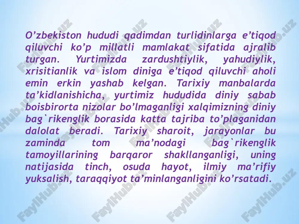 o’lib yashashni anglatadi. qadim – qadimdan din aksariyat milliy qadriyatlarni o’zida mujassam etib keladi. milliy qadriyatlarning asrlar osha bezavol yashab kelayotgani ham dinning ana shu tabiati bilan bog`liq. chunki, dunyodagi dinlarning barchasi ezgulik g`oyalariga asoslanadi, yaxshilik, tinchlik, do’stlik kabi fazilatlarga tayanadi. odamlarni halollik, poklik, mehr – oqibat va bag`rikenglikka chorlaydi. mustaqillik sharofati bilan 130 dan ortiq millat va elat vakillari yashaydigan o’zbekistonda turli din, millat va elat vakillari farovon yashashi uchun qulay sharoitlar yaratilgan bo’lib, islom, xristianlik, yahudiylik, bahoi jamoalari va krishnani anglash jamiyati, bular bilan birgalikda ularning turli oqimlari va yo’nalishlari vakillari tinch, osoyishta va farovon hayot kechirib kelmoqda. mustaqillik sharoitida etnik munosobatlar va din sohasida olib borilayotgan izchil va qat’iy siyosat tufayli mamlakatimizda millatlararo totuvlik va konfessiyalararo hamkorlik qaror topdi. konstitustiyamizda «o’zbekiston respublikasida barcha fuqarolar bir xil huquq va erkinliklarga ega bo’lib, jinsi, irqi, millati, dini, ijtimoiy kelib chiqishi, e’tiqodi, shaxsi va ijtimoiy mavqeidan qat’i nazar, qonun oldida …