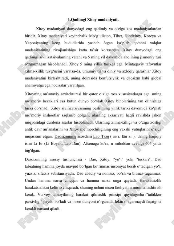 yoni o‘rganadi, lekin o‘zgarmaydi faqatgina kerakli narsani qiladi. yin-yang tushunchasining timsoli daosizmda ikkita qarama-qarshi tamoyil o'zaro ta'sir qiladi - yin va yang, ular bir-biriga oqib tushadi va bir-birisiz mavjud bo'la olmaydi. yin bu salbiy, passiv, ayollik; yang esa ijobiy, faol, erkak. ii asrda. daosizm tashkiliy jihatdan shakllanadi. bu yarim afsonaviy chjan ling tomonidan asos solingan "samoviy yo‘lboshchilar yo‘li" maktabi tomonidan boshlangan. 5-asr boshlarida marosim va dogma shakllanadi va daosizm davlat diniga aylanadi, xudolar panteoni paydo bo‘ladi. ma’buda sivanmu (barcha odamlarning avlodi) ta’limoti, so‘ngra daosizm ko‘plab sekta va yo‘nalishlarga bo‘linadi. dao ta’limotiga asoslanib, daosizm eng yaxshi davlat boshqaruvining o‘ziga xos konsepsiyasini - harakat qilmaslikni taklif qildi: agar hukmdor harakatsiz bo‘lsa,dao tufayli narsalar o‘z-o‘zidan yaxshilanadi deb hisoblashgan. buddizm[tahrir buddizm xitoyga miloddan avvalgi davrlarda kirib kela boshladi. miloddan avvalgi 3-asrda buddist voizlarining paydo bo'lishi haqida afsonalar mavjud edi, lekin ularni ishonchli deb hisoblash mumkin emas edi. buddizmning birinchi tarqatuvchilari oʻrta osiyo davlatlaridan buyuk …