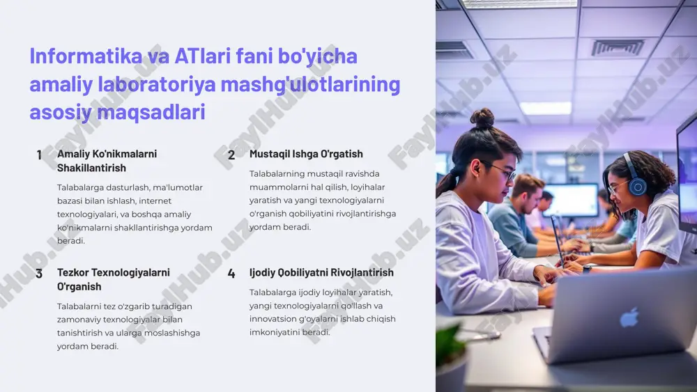 ?utm_source=made-with-gamma amaliy laboratoriya mashg'ulotlari uchun kerakli o'quv-uslubiy materiallarga qo'yiladigan talablar mavzuga moslik o'quv-uslubiy materiallar o'qilayotgan mavzularga mos bo'lishi kerak va talabalarga kerakli bilimlarni o'zlashtirishga yordam berishi kerak. zamonaviylik o'quv-uslubiy materiallar zamonaviy texnologiyalar, dasturiy ta'minot va internet resurslarini hisobga olgan holda tuzilishi kerak. amaliy vazifalar materiallar talabalarga amaliy vazifalar, loyihalar va mustaqil ishni bajarishga imkon beradigan ko'plab amaliy vazifalarni o'z ichiga olishi kerak. https://gamma.app/?utm_source=made-with-gamma amaliy laboratoriya mashg'ulotlarida qo'llaniladigan metodlar va yondashuvlar 1muammoli ta'lim talabalarni muammolarni hal qilishga o'rgatadigan usul. ularga real hayotdagi muammolarni tahlil qilish, echimlarni topish va ularni amalda qo'llashga yordam beradi. 2 loyihaviy ta'lim talabalarning o'zlarini qiziqtirgan mavzular bo'yicha loyihalarni ishlab chiqishga yordam beradi. bu ularga ijodiy fikrlash, jamoa bo'lib ishlash va muammolarni hal qilish ko'nikmalarini rivojlantirishga yordam beradi.3o'yinli ta'lim talabalarni o'yinlar orqali o'qitish, bu usul ularni o'rganish jarayoniga jalb qilishga yordam beradi. o'yinlar ularga yangi bilimlarni o'zlashtirishni va amaliy ko'nikmalarni rivojlantirishni qiziqarli va samarali tarzda ta'minlaydi. https://gamma.app/?utm_source=made-with-gamma talabalarni …