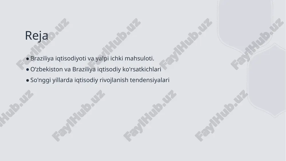 ektor iqtisodiyotning diversifikatsiyasini ta'minlaydi. 03 xizmatlar sektori xizmatlar sektori braziliya iqtisodiyotining eng katta qismidir, moliya, turizm va sog'liqni saqlash xizmatlari orqali katta hissa qo'shadi. iqtisodiy barqarorlik va yim o'sishiga ta'sir qiluvchi omillar. 1 iqtisodiy barqarorlik - iqtisodiy barqarorlik, nazorat ostidagi inflyatsiya va barqaror ish o'rinlari orqali yurtning iqtisodiy o'sishini ta'minlaydi, bu esa investitsiyalarni jalb qiladi. 2 yim o'sish omillari - yalpi ichki mahsulot (yim) o'sishiga ta'sir qiluvchi omillar orasida innovatsiyalar, eksport salohiyati va ichki talabning oshishi muhim ahamiyatga ega. 3 global ta'sir - global iqtisodiy sharoitlar, masalan, savdo urushlari va narxlar o'zgarishi, braziliya va oʻzbekiston iqtisodiyotlariga bevosita ta'sir ko'rsatadi, barqarorlikni xavf ostiga qo'yadi. braziliya iqtisodiyoti va global bozor: raqqobat va imkoniyatlar. braziliya iqtisodiyoti braziliya iqtisodiyoti global bozorning muhim qismi bo'lib, qishloq xo'jaligi, sanoat va xizmatlar sektori orqali o'z o'rnini mustahkamladi. raqqobat omillari braziliya, resurslarga boy mamlakat sifatida, xalqaro bozorga raqobatbardosh mahsulotlar, jumladan, soya, qand shakar va metall yetkazib berishi bilan …