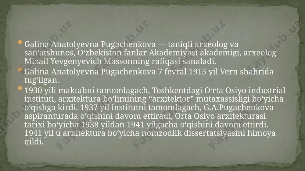 olyevna pugachenkova 2007 yil 18 fevralda toshkentda vafot etgan va do‘mbirabod mozoriga taniqli arxeolog akademik mixail masson yoniga dafn etilgan.  mukofot va unvonlari  1964 yil — o‘zbekiston respublikasida xizmat ko‘rsatgan fan arbobi unvoniga sazovor bo‘ldi.  1975 yil — mehnat qizil nishoni ordeni bilan mukofotlandi  1984 yil — mehnat qahramon medaliga sazovor bo‘ldi.  1992 yil — beruniy nomidagi davlat mukofotini oldi  1993 yil o‘zbekiston badiiy akademiyasi akademigi etib tayinlandi.  2000 yil o‘zbekiston badiiy akademiyasi oltin medaliga sazovor bo‘ldi.  “o‘zbekiston san’ati” monografiyasi muallifi sanalib, arxeologiya darsligi bo‘lib, bir qator o‘rta osiyo mamlakatlari otmlariga mo‘ljallangan.  uning rahbarligi ostidagi mutaxassislar guruhi o‘zbekiston arxitekturasi yodgorliklari to‘plamining bir qancha tom (jild)lari nashrga tayyorlandi. . san’atshunoslik doktori, professor, o‘zr fa akademigi (1984 y.), san’atshunos, tarixchi. “navoiy davrida o‘rta osiyo me’morchiligi” mavzusida nomzodlik ishini yoqlagan. 1960 yildan san’atshunoslik instituti san’at va me’morchilik tarixi bo‘limi boshlig‘i vazifasida faoliyat olib bordi. …