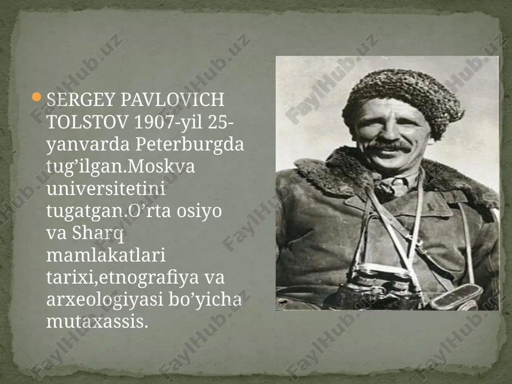 ator k.muhammedovlardan iborat uchish gruppasi po-2 samolyotida janbiy qoraqalpog’istonning “qadimiy sug’orma yerlari”ni,tuproqqal’a atrofidagi qizilqal’a,qavatqal’a,jeldikqal’a,guldursun, teshikqal’a,burgutqal’a,qirqqiz,kichik qirqqiz,ayozqal’alar atrofida parvoz qilindi. ayozqal’a  xom g’ishtdan tiklangan to’g’ri burchakli qo’ng’ir pushti rangdagi devor orasi yaqin- yaqin qilib ishlangan son-sanoqsiz burjlari bilanbirga qoyaning o’nqir-cho’nqir tomonlari ko’rinib turadi. • ayozqal’a osmondan ko’rinishi • devkesganqal’a osmondan ko’rinishi devkesgan qal’a  devkesgan qal’a devorlari yo’nilmagan tabiiy toshdan ishlangan,ko’k minorali ,darvozalar oldida murakkab inshootlari bo’lgan ulkan to’g’ri to’rt burchakdan iborat.qal’a atrofi xandaq bilan o’ralgan,qal’a ichida so’nggi o’rta asrga mansub bo’lgan buzilib ketgan tosh minoralarning izlarini ko’rish mumkin. • anqoqal’a s.p.tolstov “qadimgi xorazm sivilizatsiyasi izidan”asari slide 2 slide 3 slide 4 slide 5 slide 6 slide 7 slide 8 slide 9 slide 10 slide 11 dastlabki tadqiqotlar urushdan keyingi tadqiqotlar ayozqal’a slide 15 slide 16 slide 17 devkesgan qal’a slide 19 slide 20