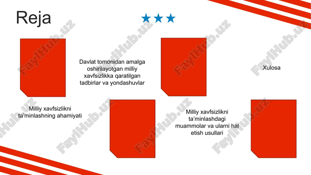 xavfsizligini ta’minlashdir. fuqarolarni xavfsizligini ta'minlash davlatning asosiy vazifalaridan biri bo‘lib, ularning huquq va erkinliklarini himoya qilish, hayotini va mulkini xavfsiz saqlashga qaratilgan chora-tadbirlarni o‘z ichiga oladi. fuqarolarning xavfsizligini ta'minlash, davlatning ichki barqarorligini va iqtisodiy rivojlanishini ham qo‘llab-quvvatlaydi. fuqarolarning xavfsizligi davlat siyosatining muhim qismi bo‘lib, u nafaqat jismoniy xavfsizlikni, balki iqtisodiy, ijtimoiy va ma'naviy xavfsizlikni ham o‘z ichiga oladi. boshqacha aytganda, fuqarolarning xavfsizligi — bu ularning hayoti, sog‘lig‘i, mulki, huquqlari va erkinliklarini xavfsiz saqlashni anglatadi. fuqarolarning xavfsizligi bo‘yicha davlatning samarali siyosati, jamiyatda ishonchni oshiradi, fuqarolarning ijtimoiy hayotga faol ishtirok etishiga imkon yaratadi va barqaror rivojlanishga yordam beradi. fuqarolar xavfsizligini ta'minlashning asosiy yo‘nalishlari jismoniy xavfsizlikni ta'minlash jismoniy xavfsizlik — fuqarolarning hayoti va salomatligi, shuningdek, ularning mulkini himoya qilishni anglatadi. bu borada amalga oshiriladigan asosiy tadbirlar quyidagilarni o‘z ichiga oladi: huquqni muhofaza qilish organlarining faoliyati: politsiya, militsiya, harbiy kuchlar va boshqa xavfsizlik xizmatlari fuqarolarni xavfsizligini ta’minlashda muhim rol o‘ynaydi. ular jinoyatlarning oldini olish, …