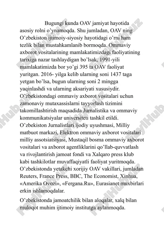 hinakam muloqot maydonchasiga, erkin fikr minbariga aylangan taqdirdagina biz o’z oldimizga qo’ygan maqsadlarga erisha olamiz” o’zbekiston respublikasining 2014 yil 5 mayda qabul qilingan “davlat hokimiyati va boshqaruvi organlari faoliyatining ochiqligi to’g’risida”gi qonunida (1 -ilova) axborot xizmatlarining huquqiy asosi mustahkamlandi. o’zbekiston respublikasi vazirlar mahkamasining 2018 yil 17 fevralda qabul qilingan “o’zbekiston respublikasi davlat va xo’jalik boshqaruvi organlarining axborot xizmatlari faoliyatini yanada takomillashtirish chora-tadbirlari to’g’risida”gi 125- qarorida (2-ilova) davlat va xo’jalik boshqaruvi sohasida ochiqlik va shaffoflikka asoslangan samarali qarorlar qabul qilish tizimini joriy etish, axborot olishda mansabdor shaxslarning jamiyat oldidagi hisobdorligi, ochiqligi va mas’uliyatini ta’minlash vazifalari belgilab berildi. o’zbekiston respublikasi prezidentining 2019 yil 27 iyundagi “ommaviy axborot vositalari mustaqilligini ta’minlash hamda davlat organlari va tashkilotlari axborot xizmatlari faoliyatini rivojlantirish bo’yicha qo’shimcha chora-tadbirlar to’g’risida”gi qarori (3-ilova) mazkur sohani yanada rivojlantirishda g’oyat muhim qadam bo’ldi. mazkur qonun va qaror ijrosini ta’minlash maqsadida mirzo ulug’bek nomidagi o’zbekiston milliy universiteti jurnalistika fakultetida, o’zbekiston jurnalistika va ommaviy …