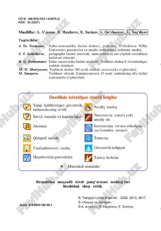 ..............................................38 17. teskarisini faraz qilib isbotlash usuli ..........................................................40 18. amaliy mashg4ulot .....................................................................................42 19. bob bo4yicha takrorlash .............................................................................44 20. 2-nazorat ishi .............................................................................................46 amaliy kompetensiyalarni rivojlantiruvchi qo4shimcha materiallar ...........48 iii bob. ko4pburchaklar va uchburchaklar 21. siniq chiziq. ko4pburchak .........................................................................52 22. uchburchak. uchburchaklarning turlari ....................................................54 23. uchburchakning muhim elementlari: mediana, balandlik va bissektrisa ...............................................................56 24. uchburchaklar tengligining birinchi (tbt # tomon-burchak-tomon) alomati ...................................................58 25. teng yonli uchburchakning xossalari .........................................................60 26. uchburchaklar tengligining ikkinchi (btb # burchak-tomon-burchak) alomati ................................................62 27. uchburchaklar tengligining uchinchi (ttt # tomon-tomon-tomon) alomati .....................................................64 28. kesma o4rta perpendikulyarining xossasi ...................................................66 29. amaliy mashg4ulot .....................................................................................68 30. bob bo4yicha takrorlash .............................................................................70 31. 3-nazorat ishi .............................................................................................73 amaliy kompetensiyalarni rivojlantiruvchi qo4shimcha materiallar ...........75 iv bob. parallel to4g4ri chiziqlar 32. to4g4ri chiziq