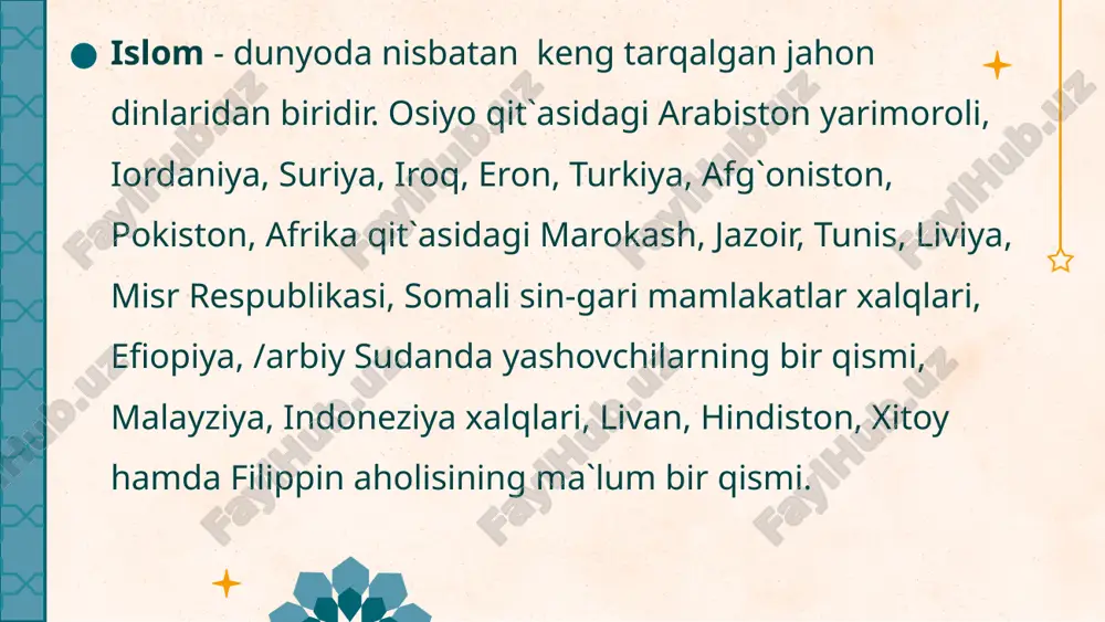 olimlar uchun boy manba bo`lib xizmat qilmoqda. . islomning vujudga kelishini tahlil etish o`sha tarixiy davr- vi-vii asrlarga xos xususiyatlar, arab qabilalari o`rtasida hukmron bo`lgan ijtimoiy-iqtisodiy munosabatlar va ularning diniy-g`oyaviy hayoti bilan qisqacha tanishib chiqishni taqozo etadi. 1. islom dinining paydo bo`lgan ijtimoiy- tarixiy va g`oyaviy muhit arabiston yarimoroli iqlim sharoiti noqulay qumli sahrolar va tog`lardan iborat bo`lib, ko`chmanchi aholisi badavlat v-vii asrlarda chorvachilik bilan shug`ullanar edi. makka savdo markazi sifatida katta ahamiyatga ega bo`lib, atrofdagi qabilalarga boshqalarga nisbatan kuchliroq ta`sir ko`rsatar edi. makkada ukaz nomli katta bozor joylashgan edi. arab qabilalari o`rtasida makkaning diniy markaz sifatida roli ham ancha oshgan edi. makkada ka`batilloh ibodatxonasi turli arab qabilalarining 360 xudosining sanam, ya`ni butchalari mavjud bo`lgani tufayli bu shahar o`z atrofida yashovchi ko`p qabilalar uchun e`tiqod markazi - ziyoratgohga aylangan edi. arablarda ham tijorat, ham ziyorat deb bejiz aytmaganlar. ` , ` islom ta limotida ro za haqida yozilgan turli diniy …