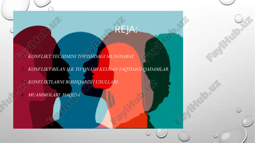 huqurlashtirishga yo‘naltirilgan tomonga olib ketadi. shu bois, konflikt bilan ilk to‘qnash kelgan vaqtda kuyidagi qadamlardan foydalanish darkor: birinchi qadam: konflikt vaziyatni u qanday bo‘lsa o‘shanday, o‘z emotsiyalaringizdan holi bo‘lgan tarzda qabul qiling. konflikt vaziyat sizga yoqmasligi, sizga qarshi holatni vujudga keltirishi, umuman rejalashtirilmagan holda kelib chiqqan ham bo‘lishi mumkin. ammo aynan siz uning “nima” ekanligi, ya’ni konflikt haqiqatini to‘la va aniq anglagan paytingizdan boshlabgina, siz uni boshqara olish qobiliyatiga ega bo‘lasiz. • konflikt bilan ilk to‘qnashgan paytda konflikt bir taraf, siz esa bir taraf bo‘lasiz. konfliktni anglashning eng birinchi qadami unga obyektiv, xolis, emotsiyalarsiz baho berishdir. konfliktga nisbatan o‘z emotsiyalari va fikrlaridagi neytralitetni saqlab qolish, konfliktni anglashga qaratilgan yo‘lning boshi hisoblanadi. mana shunday neytral sharoit esa sizga konflikt ishtirokchisi sifatida aniq, faktlarga asoslangan, oydin va mustaqil mushohada qilish uchun imkon yaratib bera oladi. konfliktni anglash obyektiv faktlarni tan olish demakdir • bu faktlar sizning manfaatlaringizga qarshi bo‘lishi mumkin. ammo siz …
