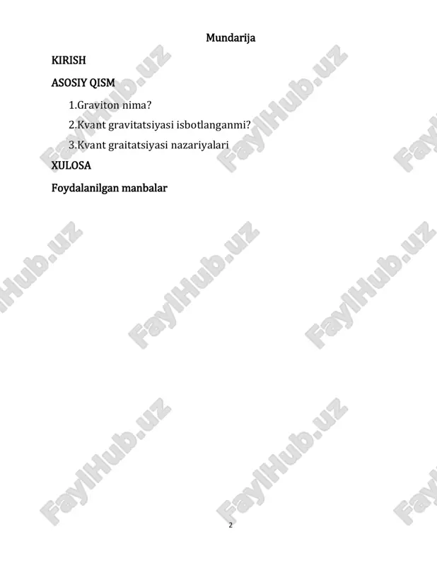 rishga qaratilgan nazariya va tadqiqotlar to'plamidir. gravitatsiya, klassik fizika nuqtai nazaridan, massalar o'rtasidagi tortishish kuchi sifatida tushuniladi va bu kuchning kuchlanishi, albert eynshteynning umumiy nisbiylik nazariyasi orqali ifodalanadi. biroq, kvant mexanikasi subatomar darajadagi jarayonlarni tushuntirishda ishlatiladi. 5 kvant gravitatsiyasi asosan quyidagi muammolarni hal qilishga qaratilgan: 1. gravitatsiya va kvant mexanikasi o'rtasidagi ziddiyat: klassik gravitatsiya nazariyasi va kvant mexanikasi bir-biriga mos kelmaydi. masalan, gravitatsiya kuchi juda kuchli maydonlarda (masalan, qora tuynuklar yaqinida) kvant mexanikasi bilan birgalikda tasvirlanishi kerak. 2. graviton: ba'zi nazariyalarda gravitatsiya kuchini uzatadigan zarra, ya'ni "graviton" mavjudligi taxmin qilinadi. graviton — bu massasi yo'q va kvant mexanikasi qoidalariga amal qiladigan zarra. 3. kvant gravitatsiya nazariyalari: bir nechta nazariyalar mavjud, masalan, string nazariyasi va loop kvant gravitatsiyasi. bu nazariyalar gravitatsiyani kvant mexanikasi bilan birlashtirishga harakat qilmoqda va yangi fizik qonuniyatlarini kashf etishga yordam berishi mumkin. 4. kosmologiya va gravitatsiya: kvant gravitatsiyasi nazariyalari, shuningdek, kosmologik muammolarni hal qilishda, masalan, katta portlash …