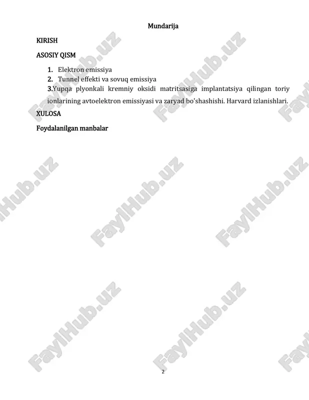 ekulalardagi elektron holatlarining birlashishi natijasida chiqariladi (keyin bu hodisa floresans yoki fosforessensiya deb ataladi). boshqa tomondan, yadro qobig`ining o`tishlari yuqori energiyali gamma nurlarini chiqarishi mumkin, yadro spinli o`tishlari esa past energiyali radio to`lqinlarni chiqaradi. 4 asosiy qism. 1. elektron emissiya avtoelektron emissiya (tunnel, sovuq emissiya) – metallar va yarimoʻtkazgichlarda kuchli elektr maydoni taʼsiridagi elektron emissiya. avtoelektron emissiya elektronlarning metall vakuum (yoki boshqa muhit) chegarasidagi potensial toʻsiqdan tunnel orqali oʻtishi natijasidir. kuchli elektr maydoni bu toʻsiqning balandligi va qalinligini kamaytiradi. metallarda avtoelektron emissiya tok zichligi j fauler–nordxeym qonuni bilan aniqlanadi; katta avtoelektron emissiya toki olish uchun katod sirtida koʻplab ignasimon uchlar hosil qilinadi. odatda, kuchlanganligi e=10^6 v/sm boʻlgan maydon hosil qilish ancha qiyinligi sababli, avtoelektron emissiyani kuzatish uchun sirt egriligi katta boʻlgan kichik oʻlchamli (mikronning bir necha ulushida) ignasimon katoddan (mas, avtoelektron proyektorag) foydalaniladi. avtoelektron emissiya sovuq katodli har xil as-bob va qurilmalarda qoʻllanadi. masalan, simobli oʻzgaruvchan tok (bir necha oʻn …