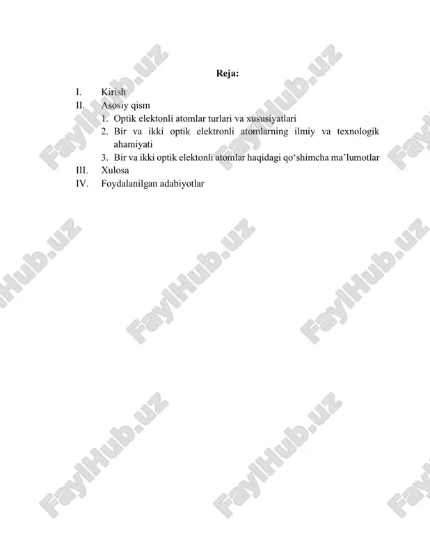 zer qurilmalari va boshqa optik qurilmalarda ishlaydi. ular orqali yulduzlar va osmon jismlarining spektri tahlil qilinadi, tarkibi, harorati va xususiyatlari aniqlanadi. elektron va optik elektron o‘rtasidagi asosiy farqlar quyidagicha: elektron – atom tarkibidagi elementar zarracha bo‘lib, manfiy zaryadga ega. u atomning barcha energiya darajalarida (yadro atrofidagi ichki va tashqi qobiqlarda) joylashadi. elektron barcha atomlarning asosiy tarkibiy qismidir. massasi juda kichik 9.1 × 10-31 kg, zaryadi -1.6 × 10⁻¹⁹ c. kimyoviy bog‘lanishlarda va elektr o‘tkazuvchanlikda ishtirok etadi. atomning umumiy elektr zaryadini belgilaydi. atomning kimyoviy xossalari va fizik xususiyatlarini shakllantiradi. optik elektron – faqat tashqi yoki valent qobiqda joylashadi. yorug‘likni yutib, yuqori energiya darajasiga o‘tishi yoki past energiya darajasiga qaytishi natijasida fotonlarni chiqaradi. atomning spektral xususiyatlarini aniqlaydi. kimyoviy reaksiyalarni boshlashda ishtirok etadi. yorug‘lik bilan o‘zaro ta’sirni va spektral tahlilni ta’minlaydi. atomning optik xususiyatlari va ko‘rinadigan nurlanishini shakllantiradi. har bir elektron optik elektron bo‘la olmaydi, lekin har bir optik elektron — elektron hisoblanadi. …