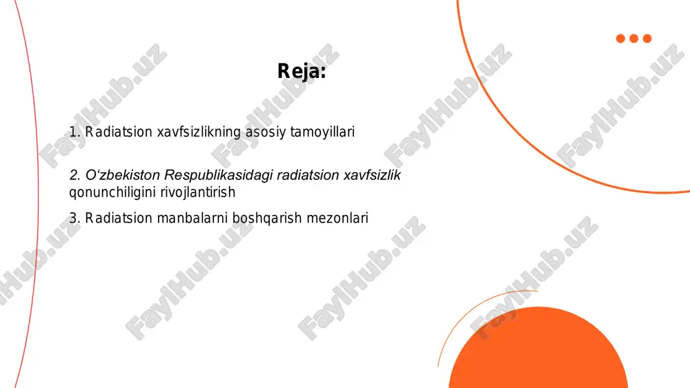 xavfsizlik choralari, masalan, radiatsiya darajasini belgilangan me'yorlardan oshirmaslik. monitoring tizimlari orqali doimiy nazorat va o'lchovlar olib borish, xususan, radiatsiya dozalarini hisoblab, nazorat ostida ushlab turish. ishchilar uchun himoya vositalarini ta'minlash va ularni muntazam o'qitish. radiatsion chiqindilarni boshqarish uchun maxsus saqlash va utilizatsiya usullarini qo'llash. ekologik norma va standartlarga mos kelishi uchun belgilangan davlat agentliklari tomonidan nazorat va inspeksiyalar o'tkazishni o'z ichiga oladi. radiatsiya manbalarini boshqarish xalqaro standartlarga mos kelishi shart. ... t.me/slaydai_bot 4. ioninlovchi nurlanishning inson salomatligiga ta'siri ioninlovchi nurlanish inson salomatligiga turli ta'sir ko'rsatishi mumkin. yuqori dozadagi nurlanish qisqa muddatda teri kuyishi, soch to'kilishi va suyak iligiga zarar yetkazishi mumkin. past dozali yoki uzoq muddatli ta'sir natijasida esa saraton riskini oshirishi mumkin. nurlanishning samarasi greylarda (gy) oʻlchanadi. dozalarning sog'liqqa ta'siri: 0-0.25 gy – deyarli ta'sirsiz, 0.25-1 gy – ayrim noqulayliklar, 1-2 gy – yengil kasallanish alomatlari, 2-4 gy – jiddiy og'irlashuvlar, 4-6 gy – xavfli, ko'p hollarda o'limga olib …