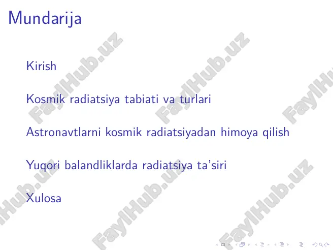 osmik parvozlarda ko‘ngil aynishi, bosh og‘rig‘i, qon hujayralarining kamayishi. ▶ uzun muddatli ta’sir: nur kasalliklari, ko‘rishning xira bo‘lishi, markaziy asab tizimi zararlanishi, yurak-qon tomir kasalliklar. kosmik fazodagi radiatsion xavf darajasi himoya tamoyillari ▶ kosmik kemalar va stansiyalarni material himoyasi: yuqori zichlikdagi materiallar (al, lih, polietilen) radiatsiyani so‘ndirishda qo‘llaniladi. ▶ dvigatelchi material: suv, vodorodga boy materiallar (polietilen) neytronlarni so‘ndirishda samarali. ▶ ko‘p qatlamli konstruktsiyalar: yadroviy parchalanish zarralarini minimallashtiradi. astronavtlarning himoya kiyimi tarkibi aktiv himoya usullari ▶ magnit qalqonlar: sun’iy magnit maydon yaratib, zaryadlangan zarrachalar oqimini burish. ▶ plazma qalqonlar: ionlashtirilgan gaz pardaning zarrachalarni qaytarishi. ▶ biroq, hozirda bunday texnologiyalar hali izlanish bosqichida. doimiy monitoring ▶ radiatsion detektorlar: albedo va kosmik nurlar intensivligini o‘lchash. ▶ quyosh faoliyati monitoringi: quyoshdagi erupsiya va protuberanslarni ilgari sezish. ▶ astronavtlar uchun individual dozimetrlar: har bir ekipaj a’zosining olgan dozasini nazorat qilish. atmosferaning himoya roli ▶ yer atmosferasi kosmik radiatsiyani asosan zarrachalar energiyasini pasaytirish va ikkilamchi zarrachalar …
