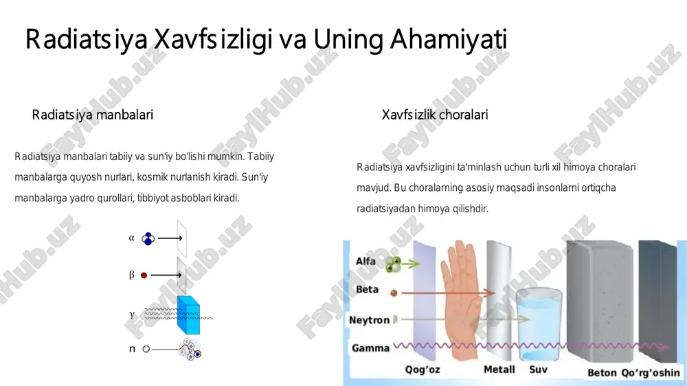 ishlatiladi: boratlangan beton va polietilen – neytronlarni yutadi. grafit – neytron oqimini kamaytirish uchun qo‘llanadi. 4. monitor va detektor materiallari radiatsiyani aniqlash va o‘lchash uchun materiallar: sintillyatsion kristallar (masalan, nai) – gamma-nurlanishni aniqlaydi. geiger-müller trubkasi – ionlashtiruvchi nurlanish uchun sensor vazifasini bajaradi. radiatsiya xavfsizligini ta'minlashda materiallarning vazifasi himoya materiallar radiatsiya manbalaridan chiqadigan zararli nurlanishni so'rib olish va yutib olish orqali insonlarni himoya qiladi. so'rish va yutish ba'zi materiallar radiatsiyani so'rib olib, energiyasini issiqlikka aylantiradi. boshqalari esa radiatsiyani yutib olib, uning intensivligini kamaytiradi. qurilish materiallarining tabiiy radioaktivligi ulardagi tabiiy radionuklidlar tarkibiga bog'liq, ya'ni: radium-226, torium-232, kaliy-40. tabiiy radionuklidlarning o'ziga xos samarali faolligi bo'yicha qurilish materiallari 4 sinfga bo'linadi. i sinf materiallari (370 bk/kg gacha) har qanday obyektlarni, shu jumladan uy - joylarni qurishda, ii sinf materiallari (740 bk/kg gacha) sanoat qurilishida, aholi punktlari doirasida yo'llar qurilishida qo'llanilishi mumkin. iii sinf materiallari (1500 bk/kg gacha) aholi punktlaridan tashqarida yo'llar qurish uchun ishlatilishi …