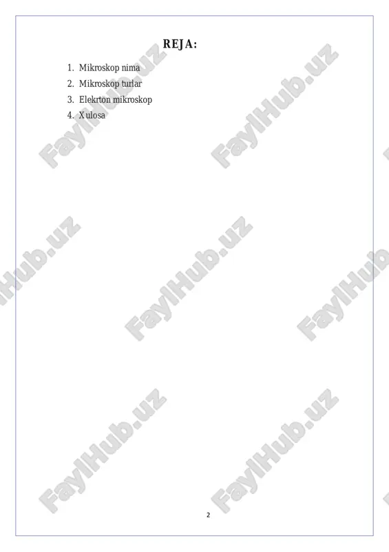 lashtiradi va qo‘llab-quvvatlaydi. 4. fokuslash tizimi: mikroskopdagi fokuslash tizimi tasvirni aniq qilish uchun ishlatiladi. mikroskopda ikki tur fokuslash tizimi bo‘ladi: 5 gross fokusi (katta burilish) – tasvirni tezda yiriklashtirish va sozlash uchun ishlatiladi. fine fokusi (nozik burilish) – tasvirni yuqori aniqlikda sozlash uchun ishlatiladi. 5. mikroskop dastagi: mikroskopni ushlab turish uchun ishlatiladigan qism. u mikroskopni to‘g‘ri joylashtirish va ko‘rish uchun qulaylik yaratadi. 6. illuminator (yoritish tizimi): mikroskopda obyektda yorug‘lik manbai bo‘lib, u tasvirni yoritadi. yorug‘lik manbai odatda lampa yoki diodlardan iborat bo‘lib, tasvirni ko‘rish uchun zarur bo‘lgan yoritishni ta’minlaydi. 7. diaphragm (diafragma): mikroskopda yorug‘likning miqdorini sozlash uchun ishlatiladi. diafragma orqali yoritish kuchini boshqarish mumkin, bu esa tasvirning kontrastini oshiradi. 8. platforma (obrazlashtirish maydoni): mikroskopning pastki qismini tashkil etadi. obyektni joylashtirish uchun ishlatiladi va ko‘pincha uning ustida mikroskopning silindrsimon plitasi bo‘ladi. 9. kondensator: kondensator mikroskopdagi yorug‘likni obyektga yo‘naltiradi. u fokuslanmagan yorug‘likni markazlashtirish orqali tasvirni aniqroq qilishga yordam beradi. elektron mikroskoplarining turi …