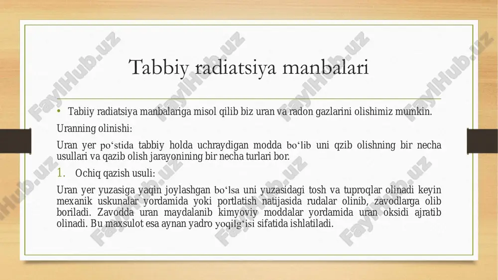 bor: xavfsizlik kiyimlari: ishchilarga radiatsiyaga qarshi himoya qiluvchi maxsus kiyimlar (masalan qo‘rg‘oshindan yasalgan kiyimlar) va shaxsiy himoya vositalari (maska, qo‘lqoplar, ko‘zoynaklar) taqdim etiladi. monitoring tizimi: ishlab chiqarish joylarida doimiy ravishda radiatsiyani o‘lchash uchun monitoring tizimlari o‘rnatiladi. bu tizimlar xodimlarning xavfsizligini ta’minlash va yuqori darajadagi radiatsiyani aniqlashga yordam beradi. me’yoriy cheklovlar: ishchilar uchun radiatsiya darajasining ruxsat etilgan maksimal chegaralari belgilangan bo‘lib, bu chegaralar ortiqcha radiatsiya ta‘sirini oldini olishga yordam beradi. • qozog'iston, kanada va avstraliya mos ravishda uran qazib olish bo'yicha yetakchi uchlikka kirdi va ular birgalikda jahon ishlab chiqarishining 68 foizini tashkil qiladi. yiliga 1000 t dan ortiq ishlab chiqaradigan boshqa davlatlar qatoriga namibiya, niger, rossiya, o'zbekiston, aqsh va xitoy kiradi . dunyoda qazib olingan uranning deyarli barchasi atom elektr stansiyalarini quvvatlantirish uchun ishlatiladi. radon — bu kimyoviy element bo‘lib, atom raqami 86, belgisi rn, tabiatda uchraydigan radioaktiv gazdir. u rangsiz, hidsiz va ta’msiz bo‘lib, odatda yer qobig‘ida joylashgan uran, …