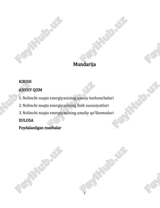 holatda saqlaydi, bu kvantli harakatlar va energiyaning eng past darajada paydo bo'lishini ko'rsatadi. 2. kvant fizikasi: nqe, kvant mexanik jarayonlarida aktiv bo'lib, dispersiyaga, ixtiyoriy energiya nazariyalariga va boshqa kvant xususiyatlariga ta'sir qiladi. nqe ning kvant mexanikasidagi o'rni, turli asboblarning qulayliklaridan foydalanish uchun muhim ahamiyatga ega. 5 2. nolinchi nuqta energiyasining fizik xususiyatlari nolinchi nuqta energiyasining (nqe) fizik xususiyatlari quyidagilar: ▎1. sizilmagan energiya holati nqe, energiyaning eng past darajasida mavjud bo'lib, tizim hali ham holatni saqlab qoladi. bu, harakat va titralash energiyalari natijasida paydo bo'ladi. ▎2. tizimning dinamikasi nqe, atomlar va molekulalarning tasodifiy harakatini belgilaydi. bu harakat, atom va molekulalarning urilishlari natijasida yuzaga keladi va mahsulotlar o'rtasidagi munosabatlarni boshqaradi. ▎ 3. termodinamik xususiyatlar nqe termodinamik tahlil uchun muhimdir, chunki u tizimning ichki energiyasini belgilaydi. u, muhit bilan energiya almashinuvi va issiqlik o'tkazish jarayonlarga ta'sir ko'rsatadi. 4. quyosh energiyasi va materiallar nqe materiallarning xususiyatlarida, masalan, supero'tkazuvchilarda va boshqa kvant materiallarida o'z aksini …