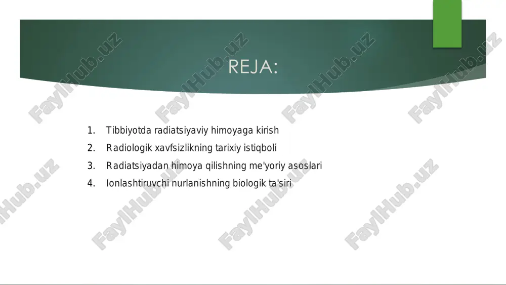 o'yicha me'yoriy-huquqiy baza ta'sir qilishni cheklash va zararli ta'sirlarning oldini olish bo'yicha ko'rsatmalarni belgilaydi. ushbu qoidalar to'g'ri o'qitish, jihozlarga texnik xizmat ko'rsatish va radiatsiya dozalarini kuzatish kabi jihatlarni qamrab oladi. ushbu qoidalarga rioya qilish xavflarni minimallashtirish va tibbiy xizmatlar sifatini ta'minlash uchun muhimdir. radiatsiyadan himoya qilish bo'yicha me'yoriy-huquqiy bazaga rioya qilish orqali sog'liqni saqlash muassasalari bemorlar va xodimlar uchun xavfsiz muhitni ta'minlashi mumkin, shu bilan birga diagnostika va davolash uchun tibbiy nurlanishdan mas'uliyatli foydalanishga yordam beradi. 6 ionlashtiruvchi nurlanishning biologik ta'siri tibbiyotda radiatsiyaviy himoya ionlashtiruvchi nurlanishning biologik ta'siri tufayli hal qiluvchi ahamiyatga ega. bunday nurlanishning ta'siri tirik to'qimalar va hujayralarga zarar etkazishi mumkin, bu esa turli xil sog'liq uchun xavf tug'diradiionlashtiruvchi nurlanish molekulalardagi kimyoviy aloqalarni buzish qobiliyatiga ega, natijada dnk va boshqa hujayra tuzilmalariga zararli ta'sir ko'rsatadi. bu mutatsiyalar, saraton yoki boshqa jiddiy sog'liq sharoitlariga olib kelishi mumkin. bemorlar va tibbiyot xodimlarining xavfsizligini ta'minlash uchun ionlashtiruvchi nurlanishning keraksiz ta'sirini minimallashtirish …