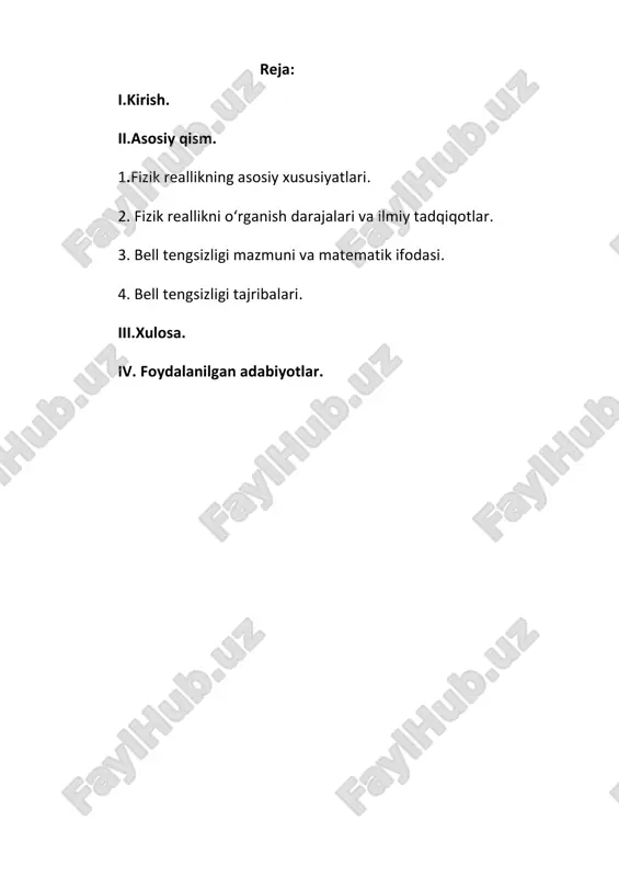 fizik reallikning asosiy tarkibiy qismlaridir. 3. o‘lchanish mumkinligi: fizik reallik o‘zining parametrlari, masalan, uzunlik, massa, vaqt yoki harorat orqali o‘lchanadi. bu fizik qonunlarni matematik tilda ifodalashga imkon beradi. 4. qonuniylik: fizik reallik tabiatning qat’iy qonunlariga bo‘ysunadi. masalan, nyuton mexanikasi, termodinamika qonunlari yoki kvant mexanikasi. 5. dinamiklik: fizik reallik doimiy ravishda o‘zgarib, rivojlanib boradi. bu o‘zgarishlar makro- va mikrodunyoda sodir bo‘ladi. 2. fizik reallikni oʻrganish darajalari va ilmiy tadqiqotlar. fizik reallikni o‘rganish darajalari: 1. makroskopik daraja: kundalik hayotda idrok etiladigan obyektlar, masalan, osmon jismlari, suyuqliklar va qattiq jismlarni o‘rganadi. bunga klassik mexanika, termodinamika va elektromagnetizm kiradi. 2. mikroskopik daraja: atomlar, molekulalar va subatom zarralar darajasida sodir bo‘ladigan hodisalarni o‘rganadi. bu kvant mexanikasi va statistik fizika orqali amalga oshiriladi. 3. katta miqyosdagi reallik: butun koinot, galaktikalar va gravitatsion o‘zaro ta’sirlarni o‘rganadi. bu sohada umumiy nisbiylik nazariyasi va kosmologiya yetakchi hisoblanadi. 4. kichik miqyosdagi reallik: kichikroq subatom zarralar (masalan, kvarklar) va ularning o‘zaro …