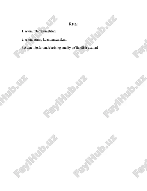 atiladi.  detektorlar: atomlarning interferensiya naqshini qayd etadi  atom interferometrlarining turlari:atom interferometrlarining turli xil turlari mavjud: 1. gravitatsion atom interferometrlar: gravitatsion kuchlarni o‘lchashda ishlatiladi. 2. inertial atom interferometrlar: akseleratsiya va burchak tezlanishini aniqlaydi. 3. magnit interferometrlar: atomlarning magnit maydonlarga ta’sirini o‘rganadi. 4. kvant interferometrlar: materiya to‘lqinlarini tadqiq qiladi va kvant mexanikasi tajribalari uchun ishlatiladi. amaliyotta qo‘llanilishi: fundamental fizika, geodeziya va gravimetriya, navigatsiya va inertial o‘lchovlar, sanoat va xavfsizlik, kosmik tadqiqotlar, tibbiyot va biologiya. atom interferometrlarning afzalliklari: yuqori sezgirlik: kichik o‘zgarishlarni aniqlay oladi. aniqlik: oddiy interferometrlarga qaraganda ko‘proq aniqlik bilan ishlaydi. barqarorlik: tashqi ta’sirga nisbatan kamroq sezgir. kamchiliklari: murakkab texnologiya: atom interferometrlar ishlab chiqarish va boshqarish yuqori darajadagi texnik bilim talab qiladi. katta hajm va energiya talabi: hozirgi atom interferometrlarning ko‘pchiligi laboratoriya sharoitida ishlaydi va ko‘chma variantlari cheklangan. narxi yuqori: murakkab asbob-uskunalar tufayli bu texnologiya qimmat. atom interferometrlar kelajakda fizika va texnologiyaning turli sohalarida katta yutuqlarga olib kelishi kutilmoqda. ularning …