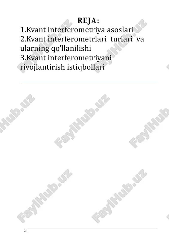 ravarlash uchun (mas, 1 nur plastina ya, dan ikki marta oʻtadi) nur 2 yoʻliga plastina p2 oʻrnatiladi. 3, (yoki 32) ni ozgina siljitilganda interferensiya polosalar qarash maydonida sezilarli suriladi. koʻzgu 3, (yoki 32) oʻrniga biror detal oʻrnatib, interferension tasvir boʻyicha detal sirtining sifati toʻgʻrisida mulohaza yuritish mumkin. toʻlqin tabiatiga qarab, i. akustik va elektromagnit toʻlqinlar (optik va radioin-terferometrlar) uchun moslab yasaladi. optik i. spektral chiziqlarning toʻlqin uzunligini, shaffof muhitlarning yorugʻlik sindirish koʻrsatkichini, yulduzlarning burchak oʻlchamlarini, masofalarning mutlaq va nisbiy qiymatini katta aniqlikda oʻlchash uchun ishlatiladi. i. sanoatda optik tizim va qismlarning sifatini tekshirish hamda optik detallarning sir-tini kuzatish uchun qoʻllanadi. metallurgiyada esa metall sirtlarining tekisligini tekshirishda, shaxtalardagi metanva karbonat angidrid konsentratsiyasini aniqlashda ham i.dan foydalaniladi. 4 | superpozitsiya holati: kvant zarracha bir vaqtning o’zida bir nechta holatda bo’lishi mumkin. bu holat interferensiya jarayonining asosidir. interferensiya: kvant zarrachalar yo’llari o’zaro bir-birini kuchaytirishi yoki susaytirishi mumkin, bu esa interferensiya naqshlarini hosil qiladi. …